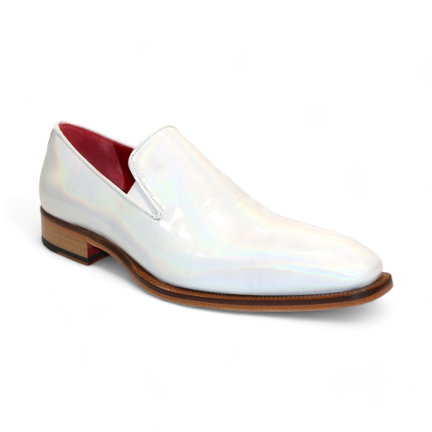 The Emilio Franco Couture "EF13" white patent leather slip-on dress shoes feature a wooden sole and a striking red interior lining, crafted in Italy, displayed against a plain background.