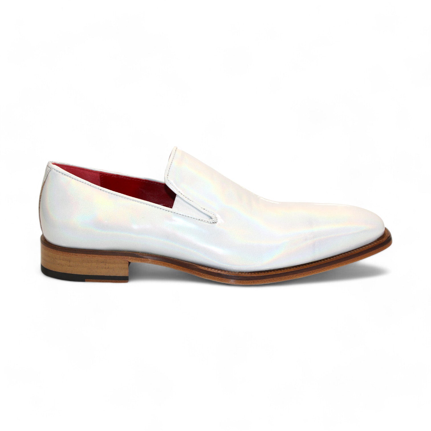 The Emilio Franco Couture "EF13" white patent leather slip-on dress shoes feature a wooden sole and a striking red interior lining, crafted in Italy, displayed against a plain background.