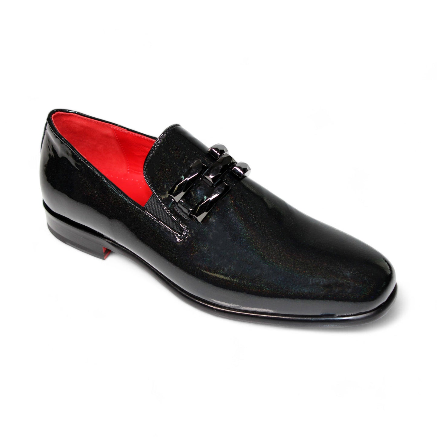 Introducing the Emilio Franco Couture "EF363" Black Shoes: exquisite black patent iridescent leather loafers featuring decorative stitching and a sleek design. Expertly crafted in Italy, these shoes boast a striking bright red interior.