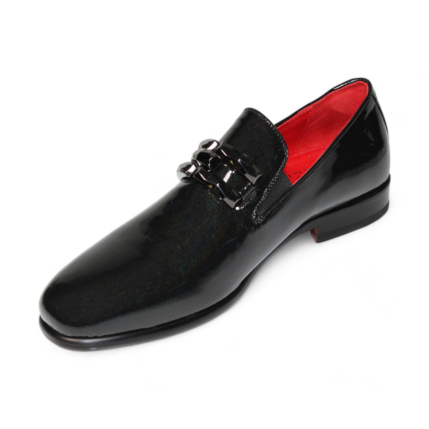 Introducing the Emilio Franco Couture "EF363" Black Shoes: exquisite black patent iridescent leather loafers featuring decorative stitching and a sleek design. Expertly crafted in Italy, these shoes boast a striking bright red interior.