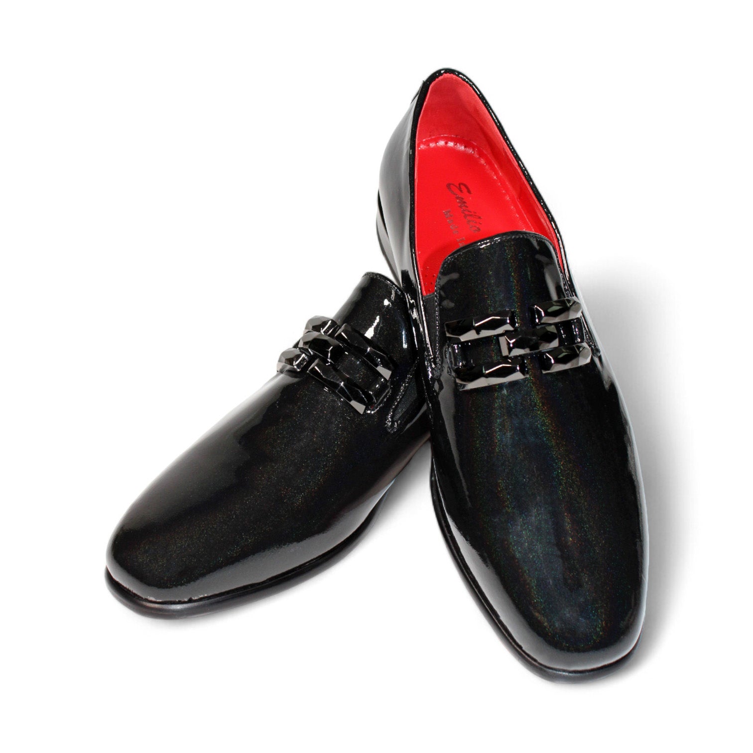 Introducing the Emilio Franco Couture "EF363" Black Shoes: exquisite black patent iridescent leather loafers featuring decorative stitching and a sleek design. Expertly crafted in Italy, these shoes boast a striking bright red interior.