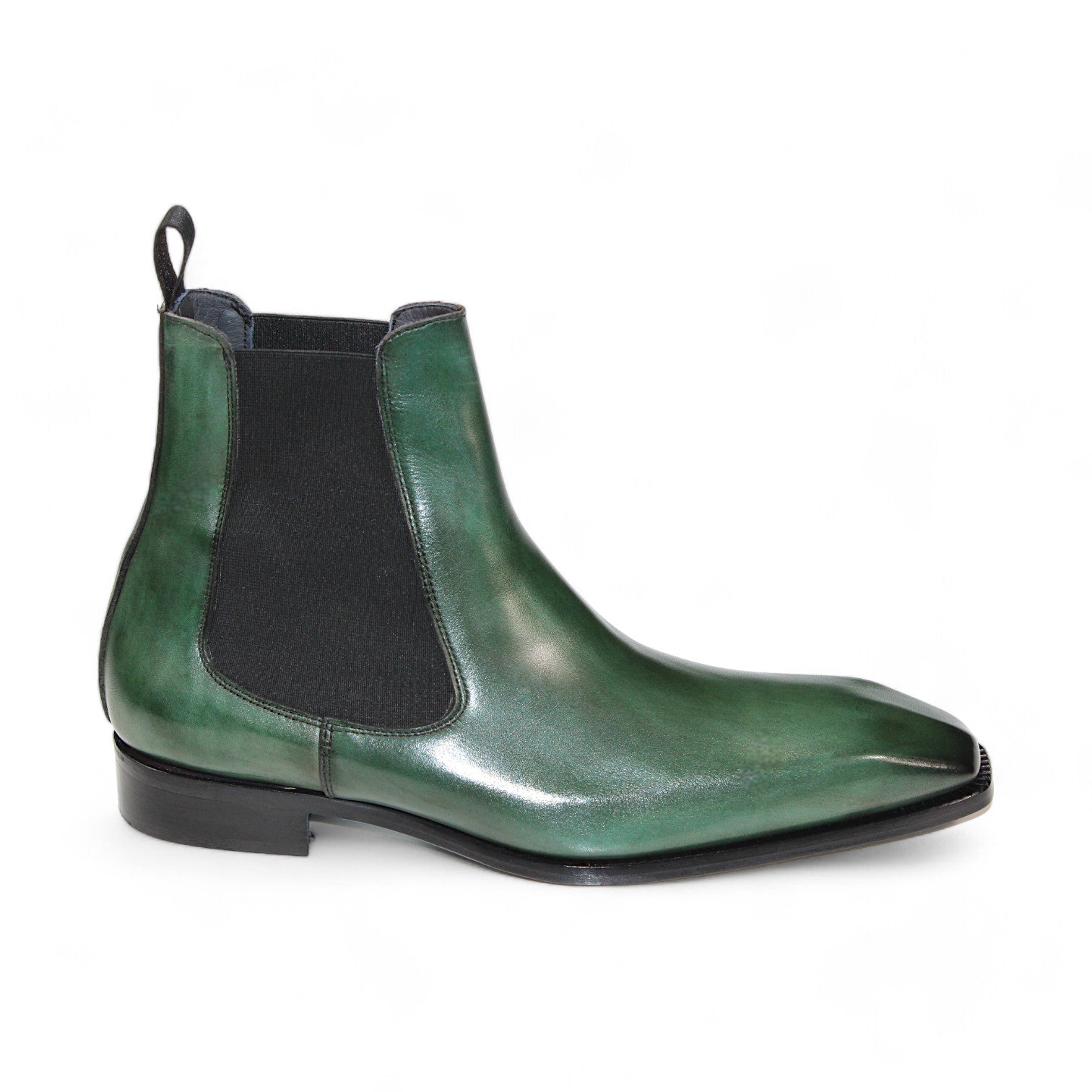 The Duca Di Matiste Empoli (Green) Chelsea boot showcases a glossy green finish, crafted from genuine Italian leather, and features black elastic side panels with a low black heel, elegantly displayed against a white background.