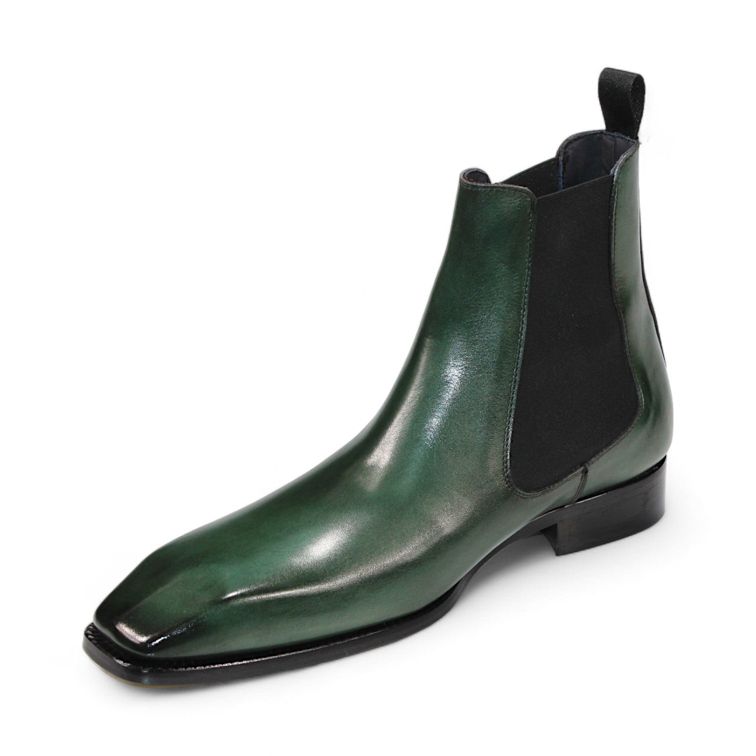 The Duca Di Matiste Empoli (Green) Chelsea boot showcases a glossy green finish, crafted from genuine Italian leather, and features black elastic side panels with a low black heel, elegantly displayed against a white background.