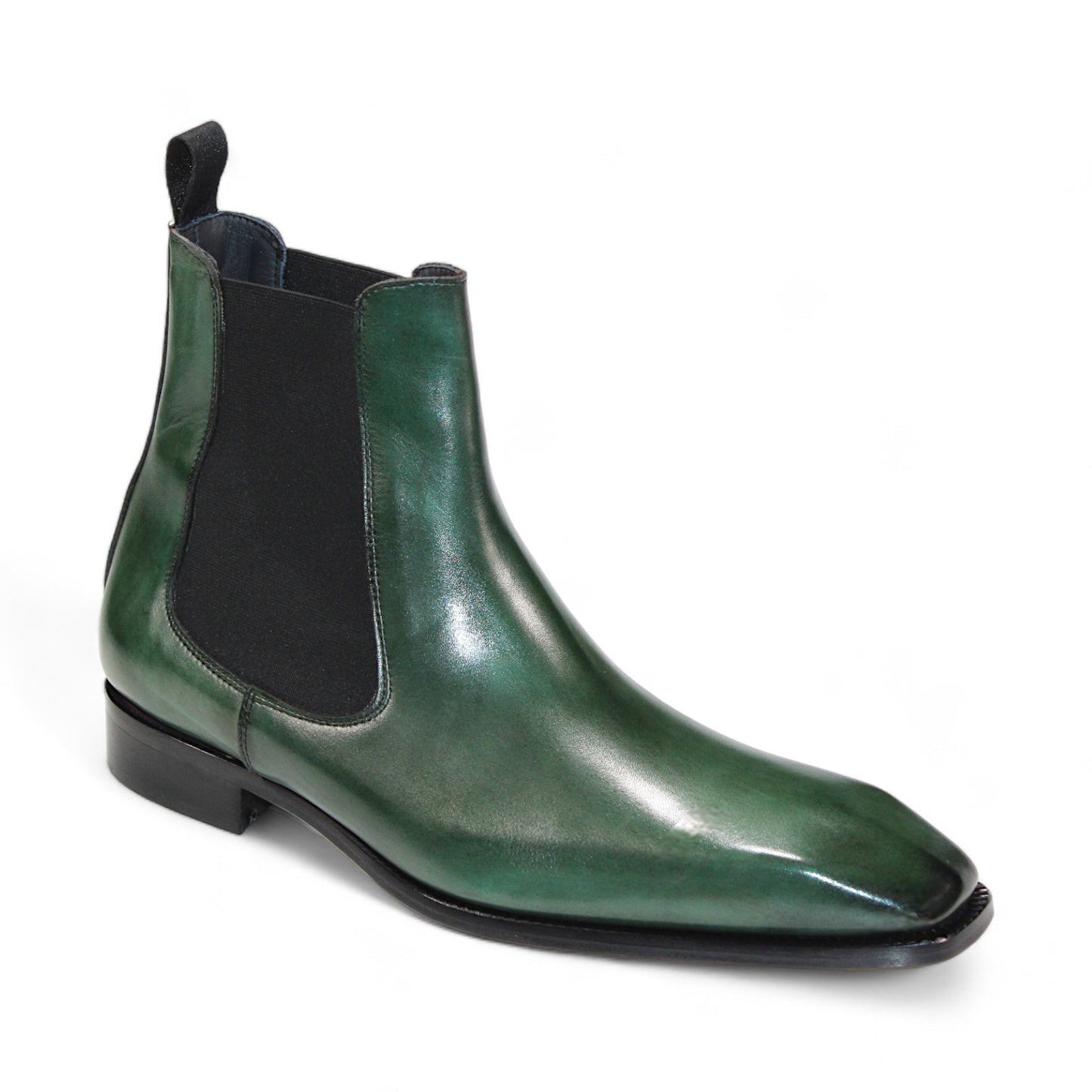 The Duca Di Matiste Empoli (Green) Chelsea boot showcases a glossy green finish, crafted from genuine Italian leather, and features black elastic side panels with a low black heel, elegantly displayed against a white background.