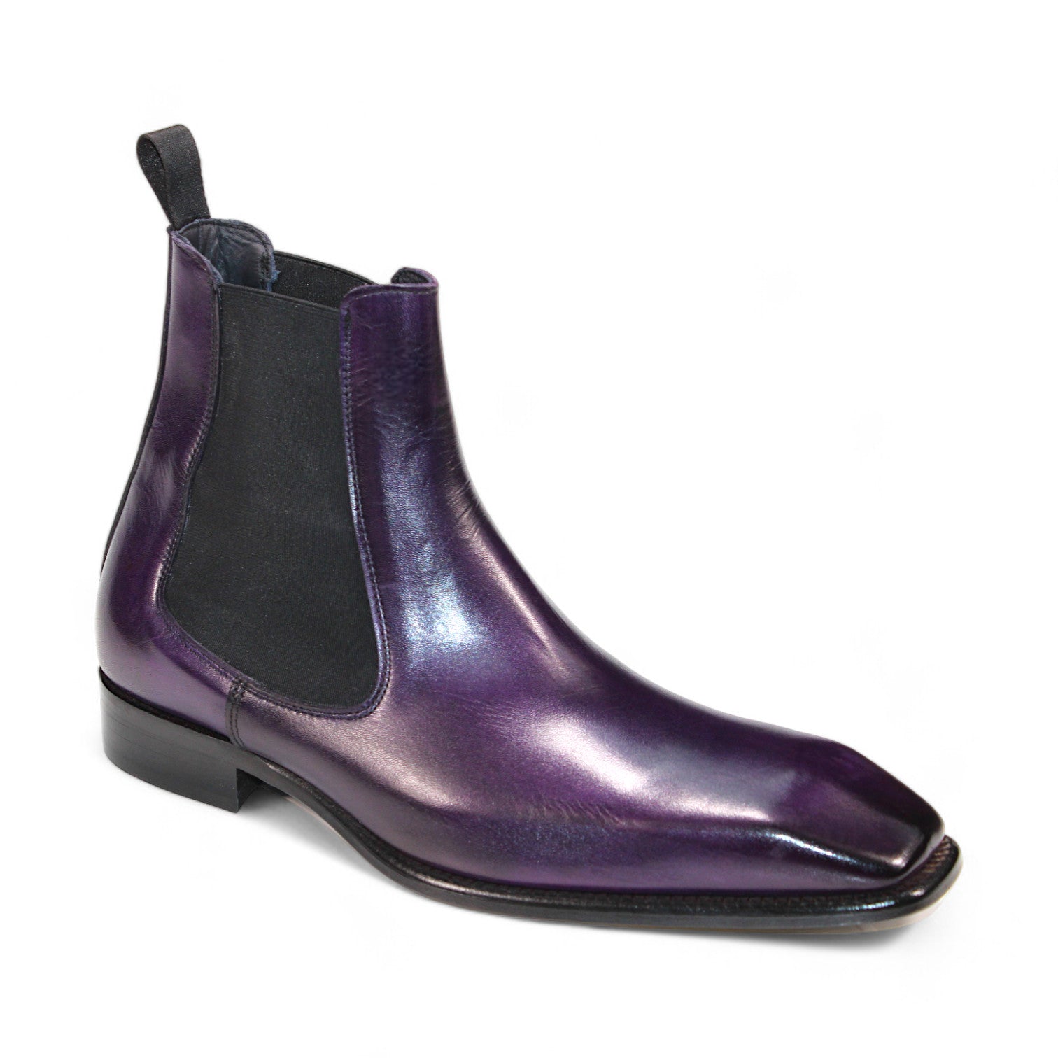 The Duca Di Matiste Empoli (Purple) is a glossy purple Chelsea boot made from genuine leather, highlighting a black elastic side panel and a low heel, crafted in Italy.