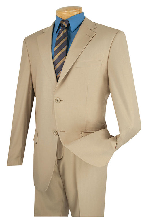 The Vinci Suits' Vinci Executive 2 Piece Suit with a 2″ Adjustable Waist Band in Light Beige F-2C900 is stylishly presented on a mannequin, complemented by a blue shirt and a striped tie.