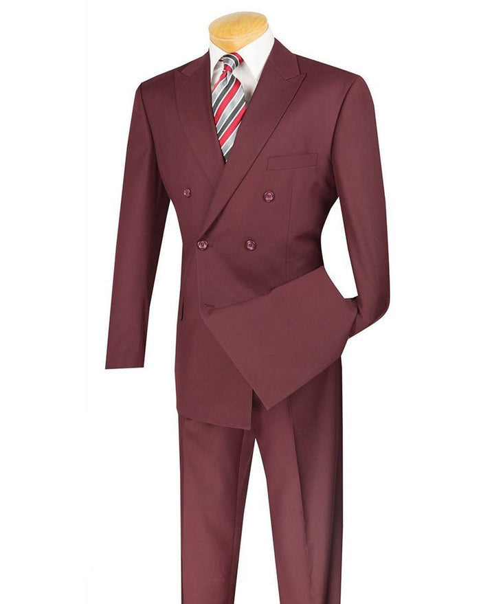 A mannequin is adorned with the Vinci Regular Fit Double Breasted 2 Piece Suit with Flexible Elastic Waistband in burgundy, elegantly paired with a striped tie, highlighting the refined craftsmanship of Vinci Suits.