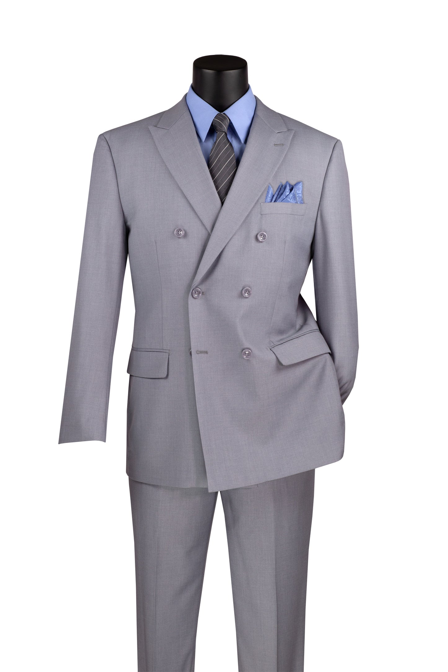 The Vinci Suits mannequin showcases the Vinci Regular Fit Double Breasted 2 Piece Suit with Flexible Elastic Waistband in Light Gray, elegantly styled with a light blue shirt, a striped tie, and a matching pocket square.