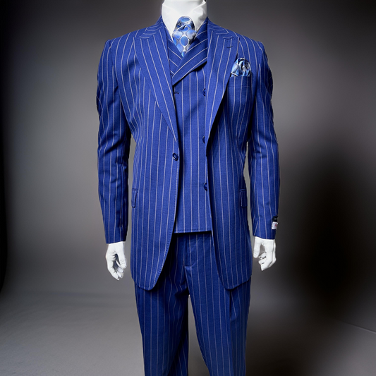 A mannequin dressed in the Tiglio Rosso San Giovesse Blue/Camel Pinstripe TL6351 suit, complete with a coordinated tie and pocket square, stands gracefully against a plain background.