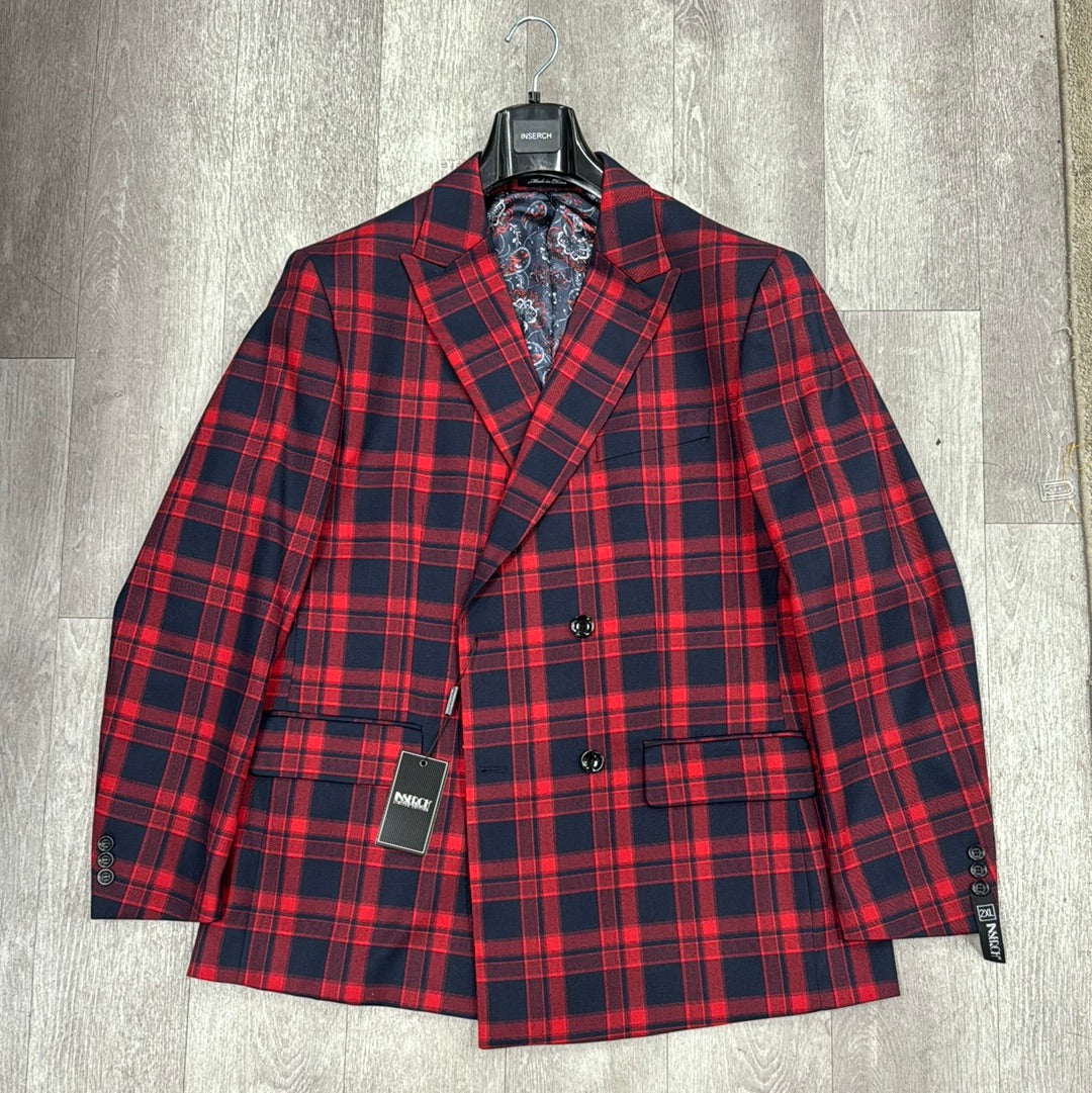 Displayed on a hanger, the Inserch Double Breasted Check Peak Lapel Blazer BL501-30 Red is a red and black plaid double-breasted blazer in a regular fit, featuring a patterned inner lining with print detail. Available in size 2XL only, this item is part of the final sale.