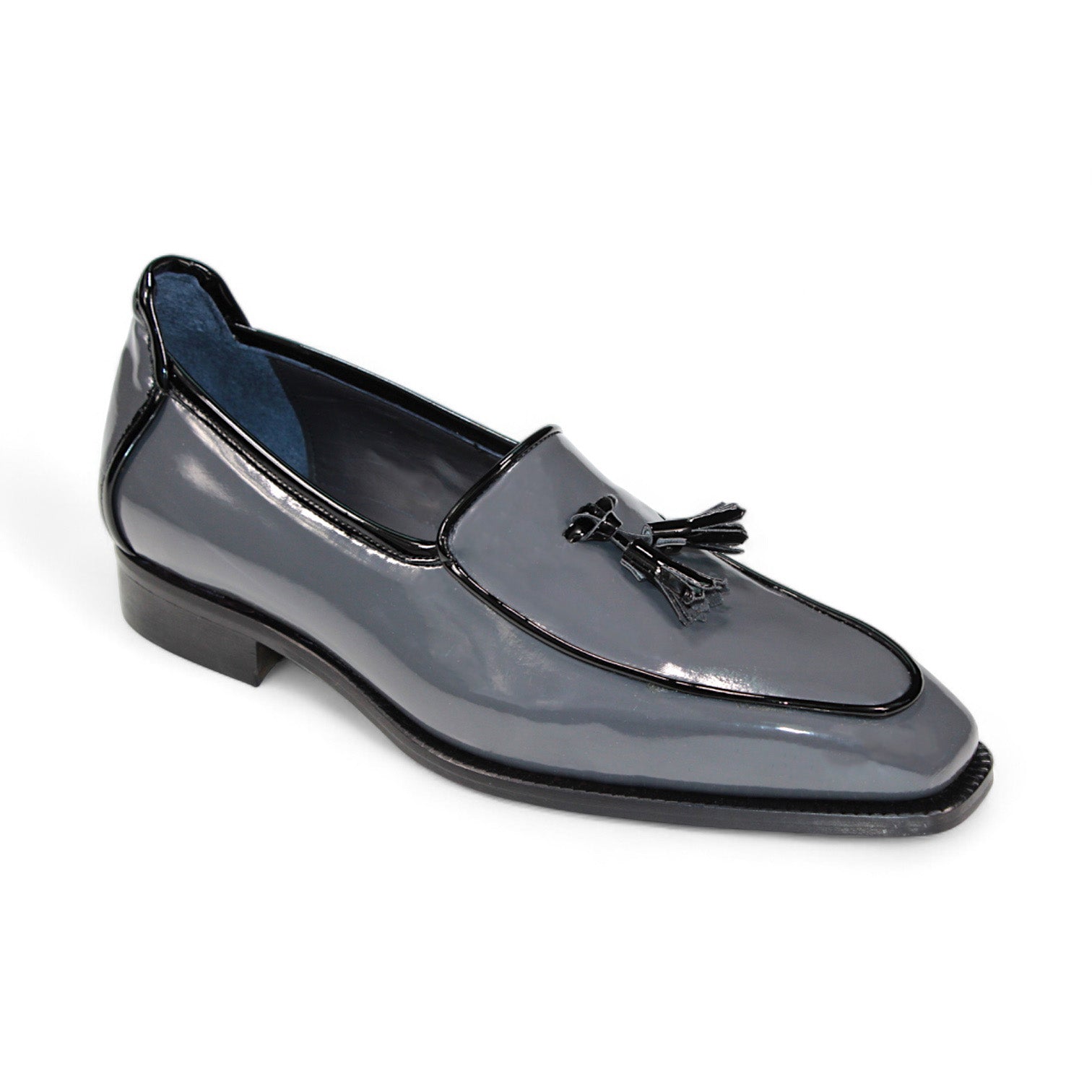 Duca Di Matiste Fano loafer in glossy black patent leather with a tassel detail, slight heel, and side view, crafted in Italy.