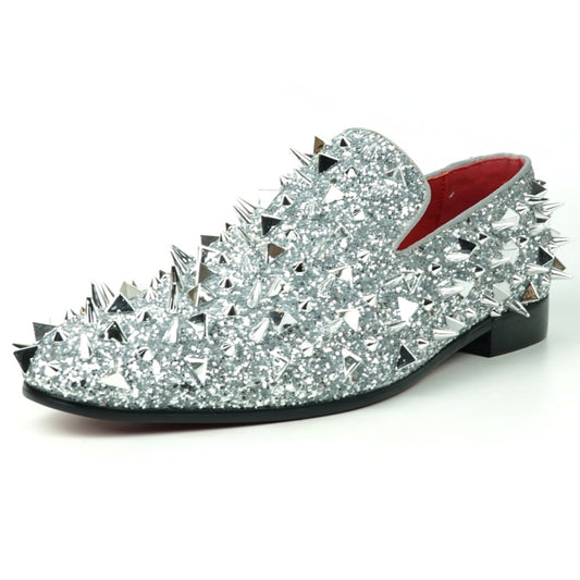 Introducing the FI-7517 by Fiesso, a stunning Silver Glitter shoe with an eye-catching loafers adorned with dazzling silver spikes and a vibrant red interior lining.