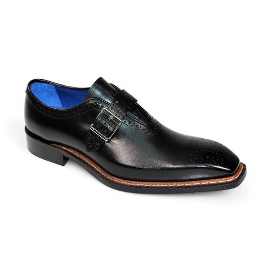 The Emilio Franco "Filippo" Black Shoes are crafted in Italy, featuring a double buckle and perforated toe detailing, all in genuine leather. The stylish design is enhanced by a blue interior lining and brown sole trim, adding an elegant touch to this sophisticated footwear from Emilio Franco.