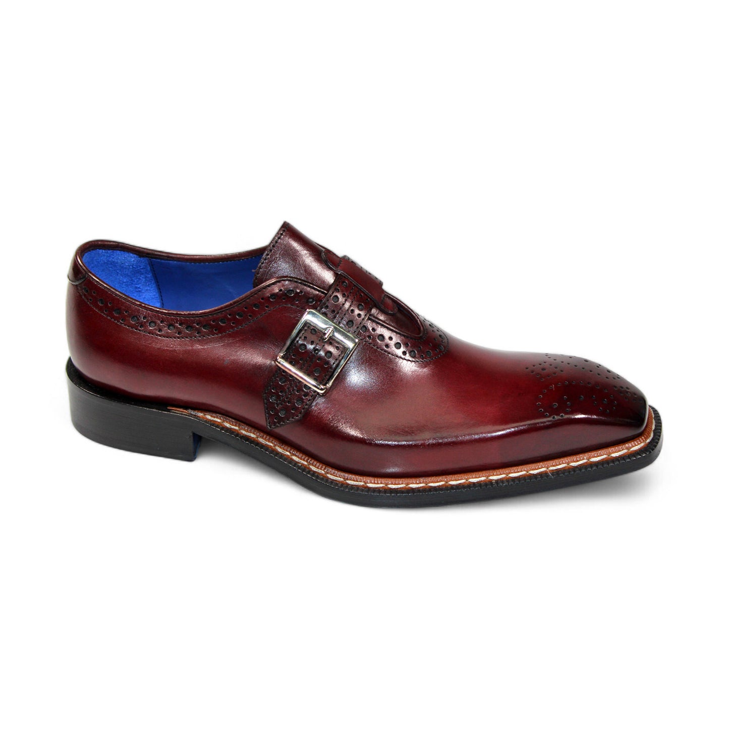 The Emilio Franco "Filippo" Burgundy Shoe, crafted from genuine Italian leather, showcases a brogue design and a buckle strap against a plain white background.