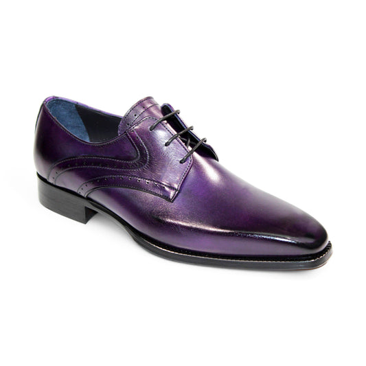 The Duca Di Matiste Forano (Purple) is a shiny purple leather dress shoe, expertly crafted and made in Italy, featuring black laces and a low heel.