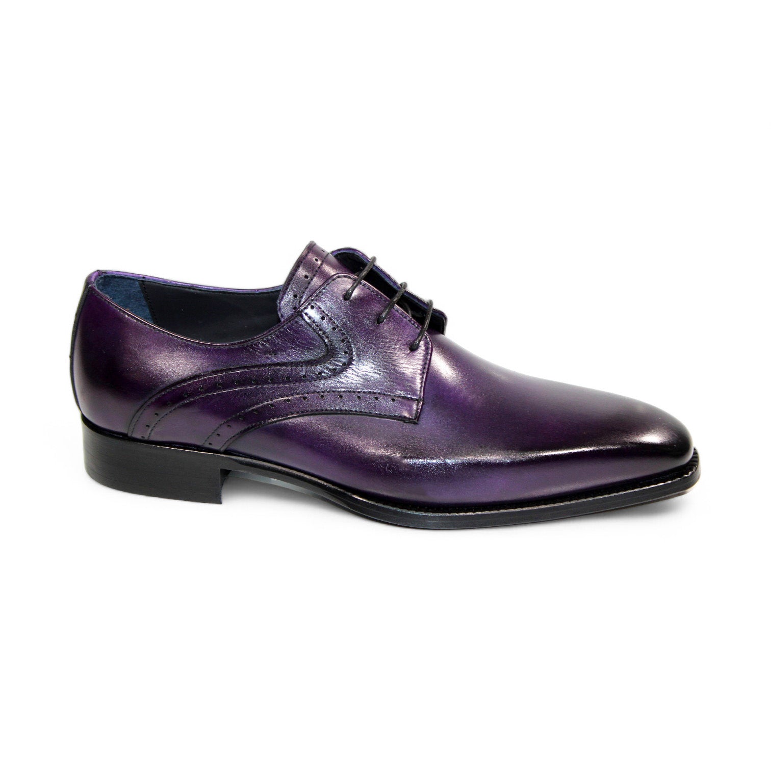 The Duca Di Matiste Forano (Purple) is a shiny purple leather dress shoe, expertly crafted and made in Italy, featuring black laces and a low heel.