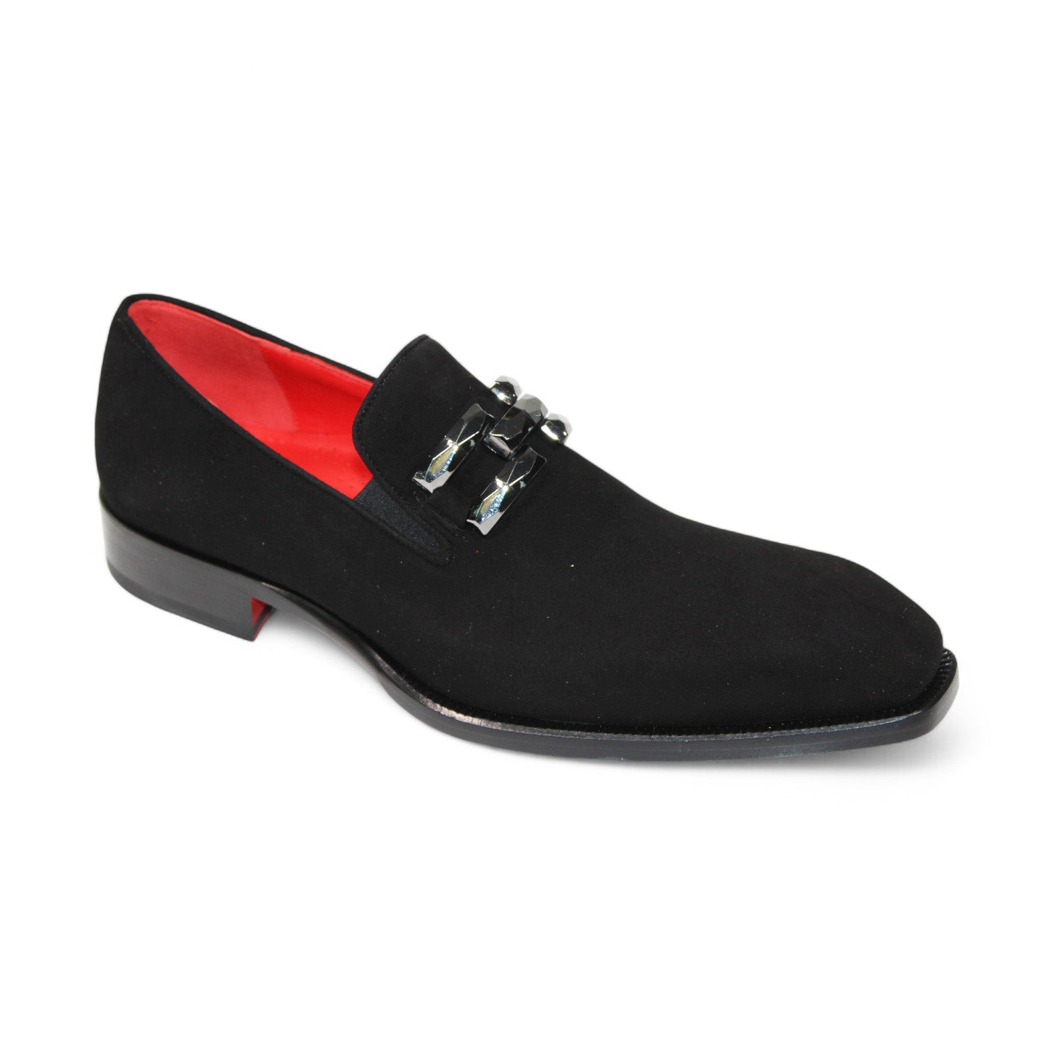 Introducing the Emilio Franco "Francesco" Black Shoes, crafted in Italy with luxurious black suede. These loafers boast a striking red interior and are adorned with an elegant silver ornament on top, reflecting true sophistication and style.