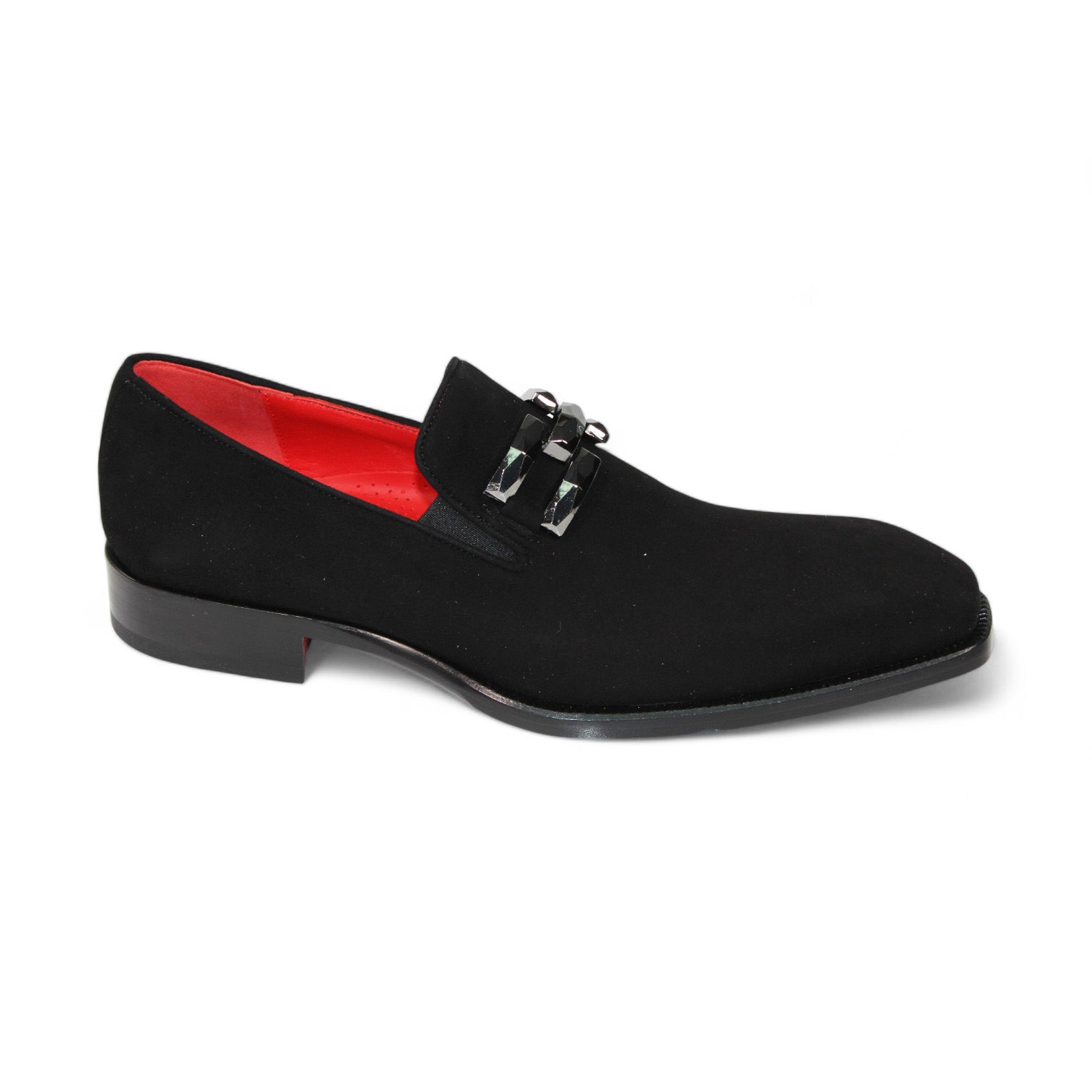 Introducing the Emilio Franco "Francesco" Black Shoes, crafted in Italy with luxurious black suede. These loafers boast a striking red interior and are adorned with an elegant silver ornament on top, reflecting true sophistication and style.