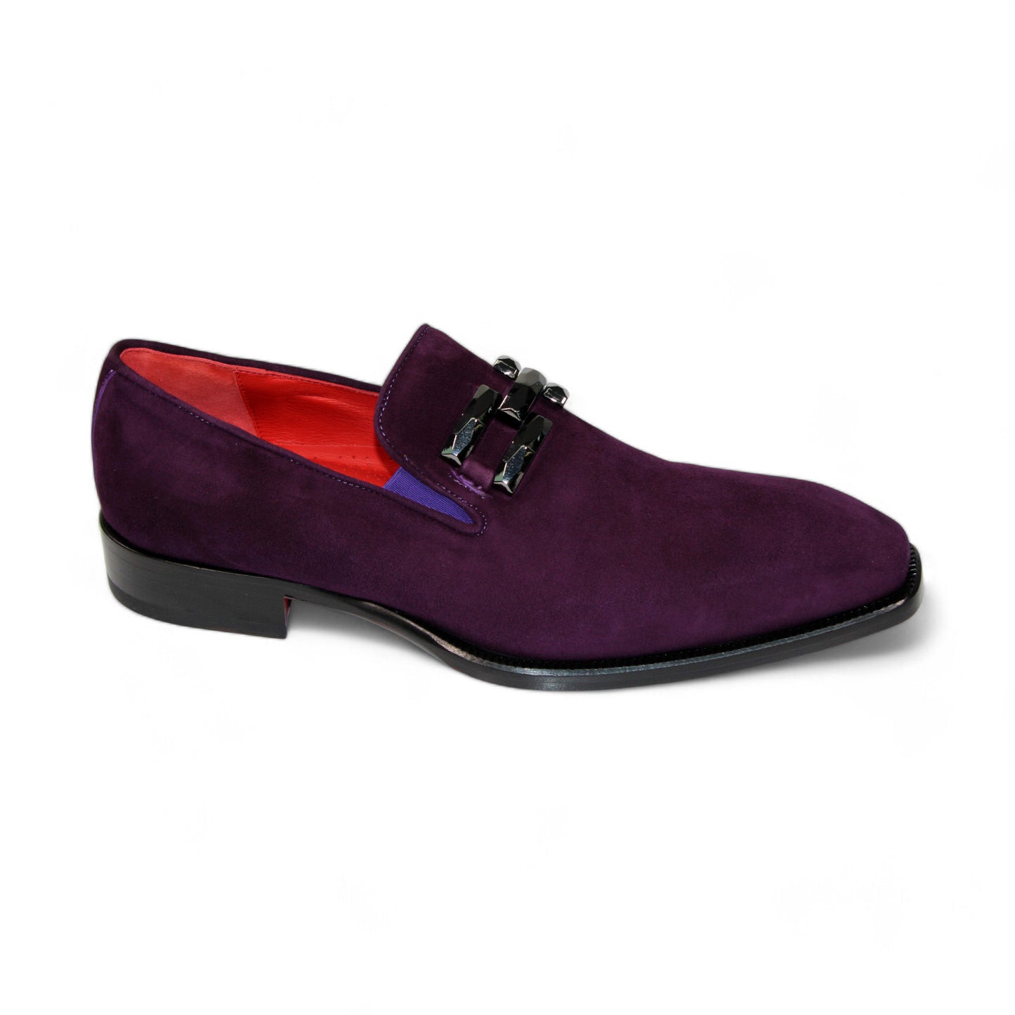 The Emilio Franco "Francesco" Purple Shoes, crafted in Italy, feature a striking red interior and an elegant black chain detail on the upper.