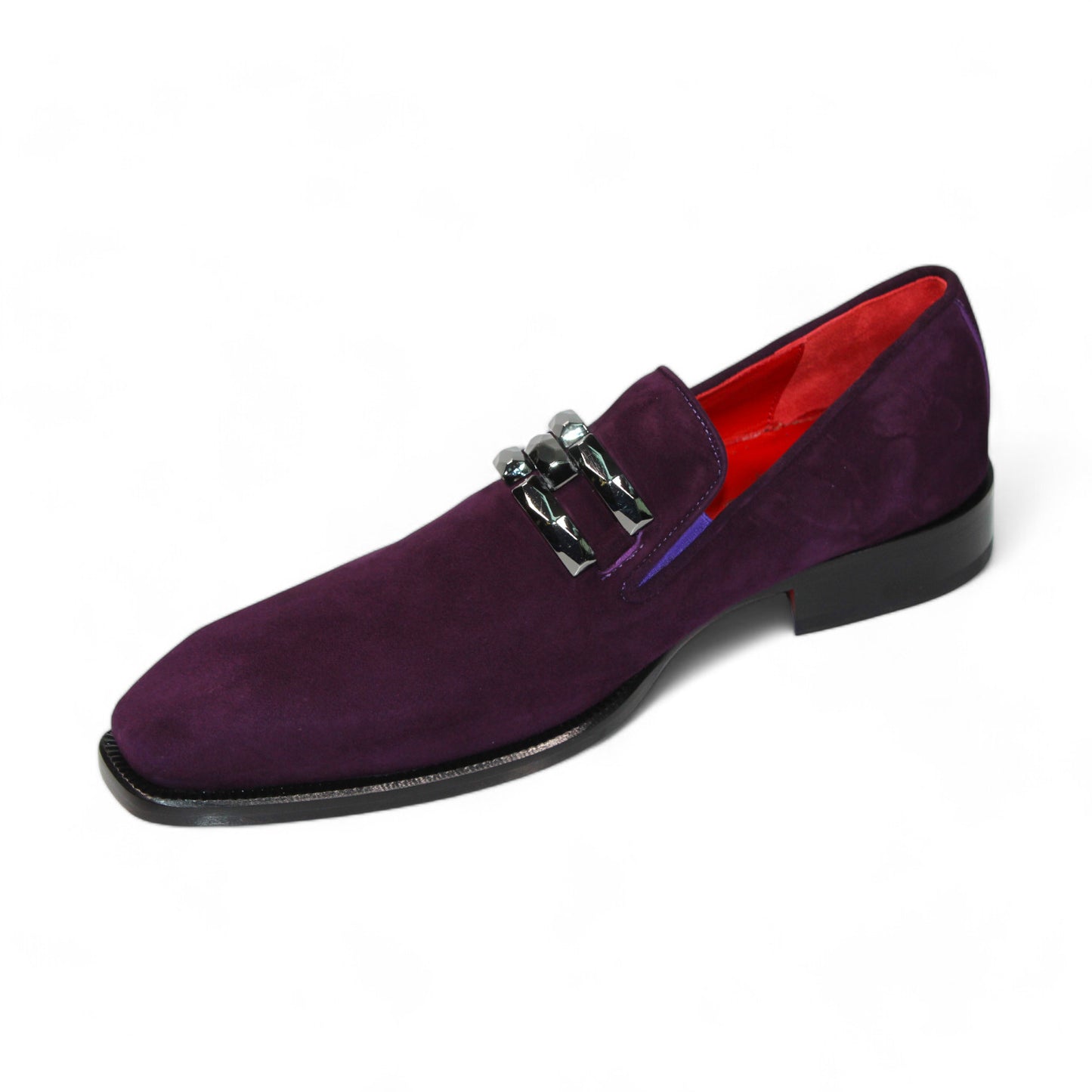 The Emilio Franco "Francesco" Purple Shoes, crafted in Italy, feature a striking red interior and an elegant black chain detail on the upper.