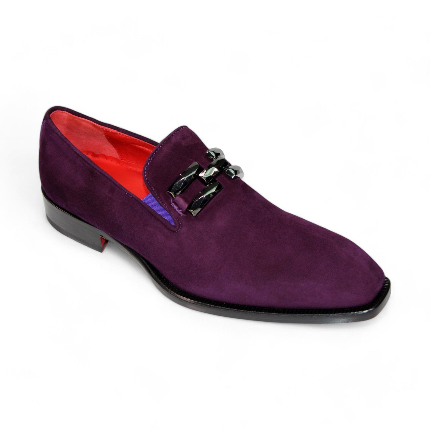 The Emilio Franco "Francesco" Purple Shoes, crafted in Italy, feature a striking red interior and an elegant black chain detail on the upper.