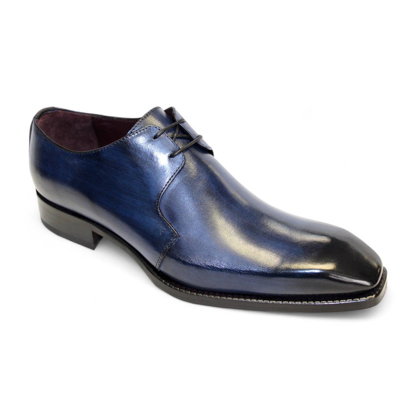 The Emilio Franco "Franco" Navy Shoes are expertly crafted men's dress shoes featuring a shiny blue and black leather design with laces, a low heel, and are proudly made in Italy.