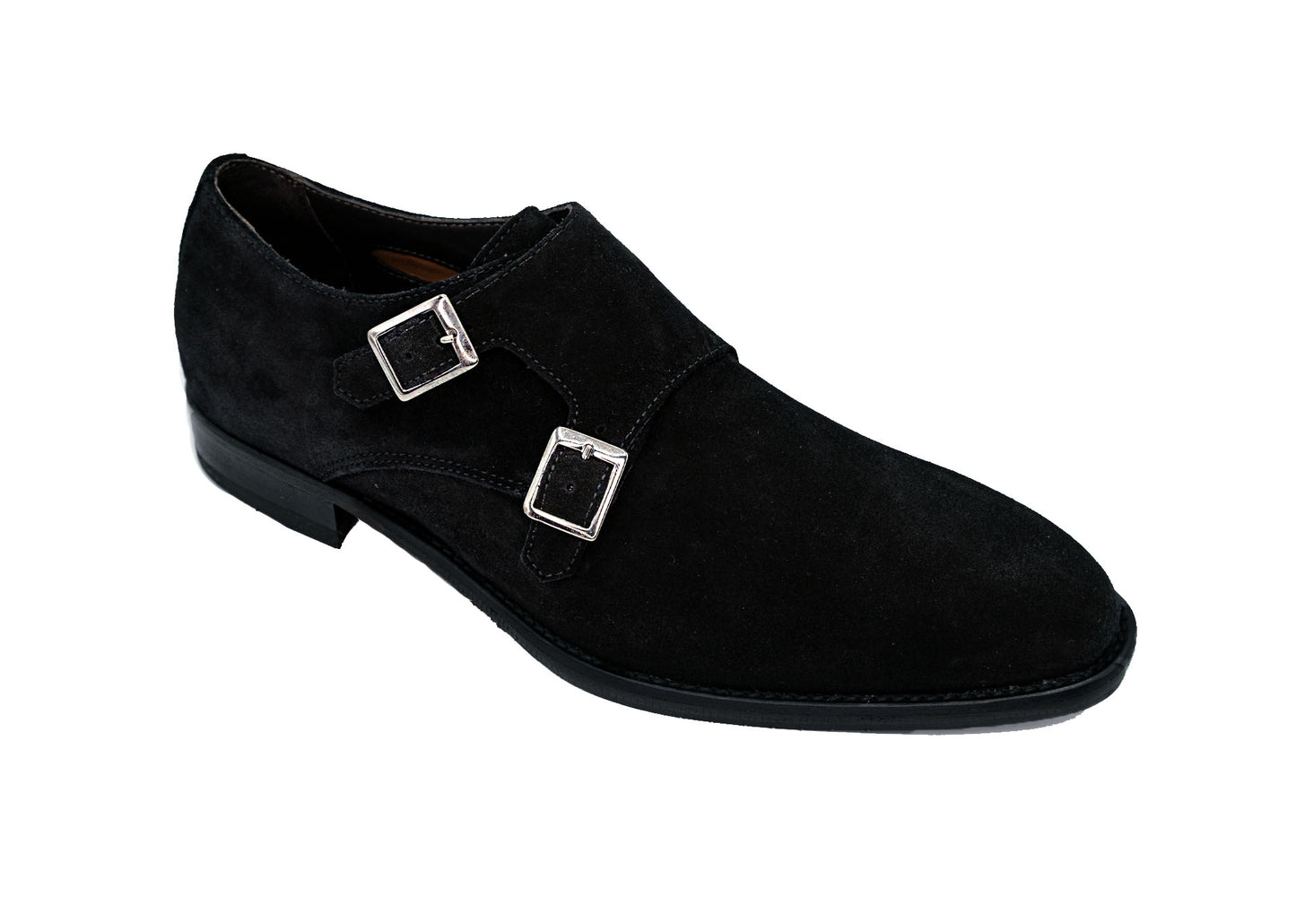 The GIOVACCHINI Francesco Black Suede Shoes, crafted in Italy by GIOVACCHINI, showcase two gleaming silver buckles and exude timeless elegance from the side view.