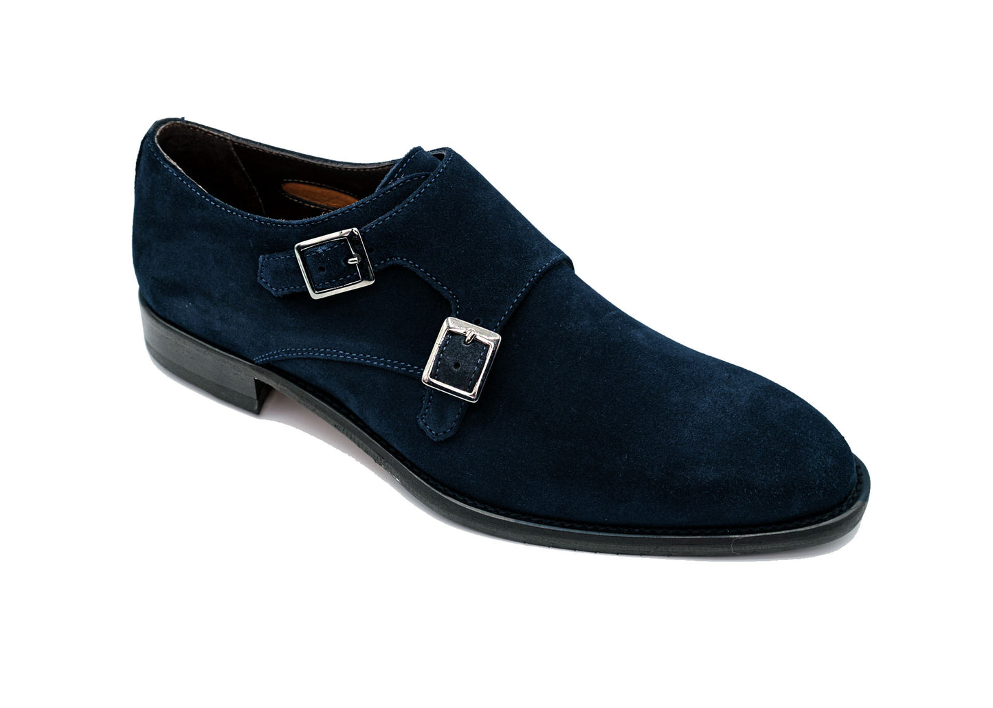 The GIOVACCHINI Francesco Blue Suede Shoes, expertly crafted from dark blue suede in Italy, showcase a sophisticated design with a black sole and lustrous silver buckles. Captured side-on against a pristine white background, they exude elegance and style.