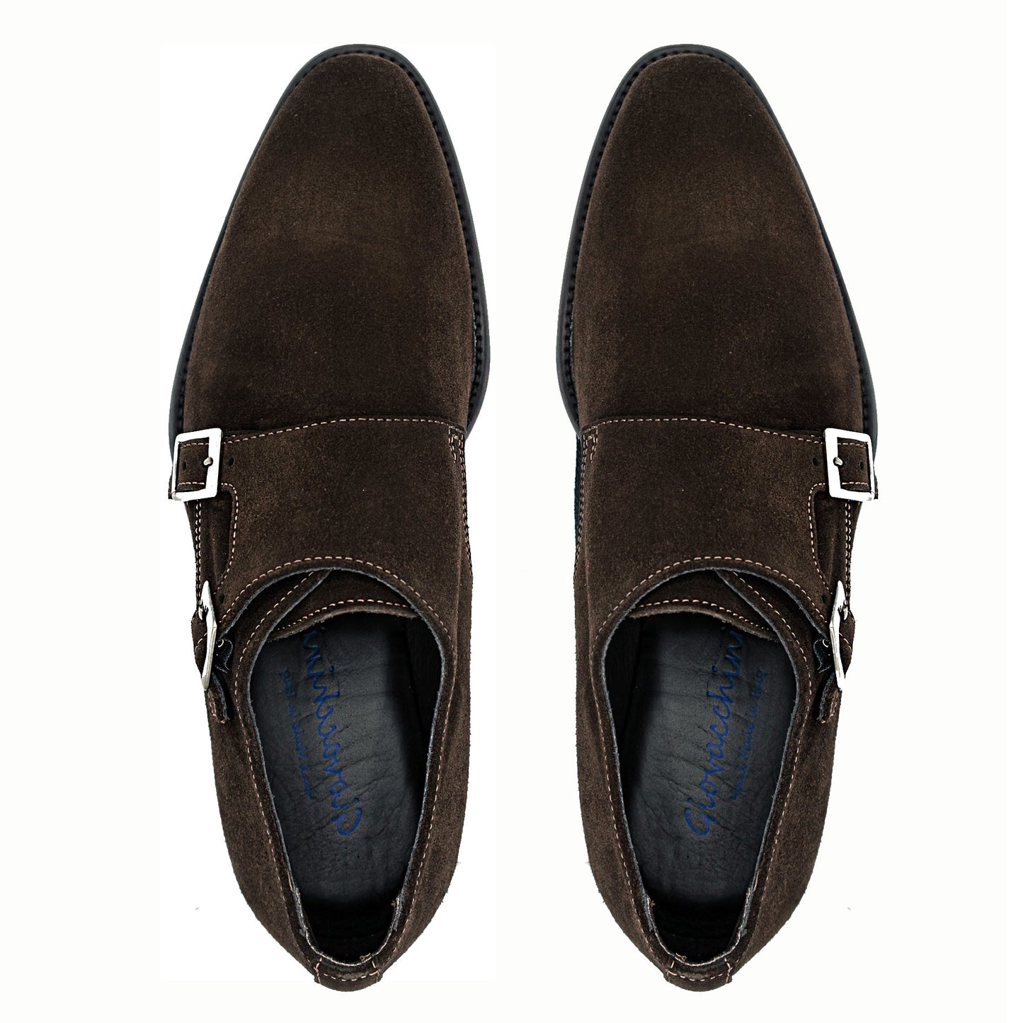 A GIOVACCHINI Francesco shoe in chocolate suede featuring silver buckles and a black sole, expertly crafted in Italy.