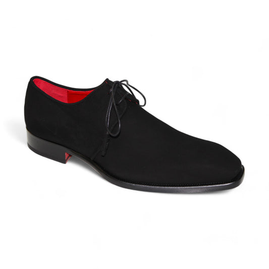 Emilio Franco "Gabriele" black shoes, featuring leather construction with black laces and a red inner lining, made in Italy, showcased from the side against a white backdrop.