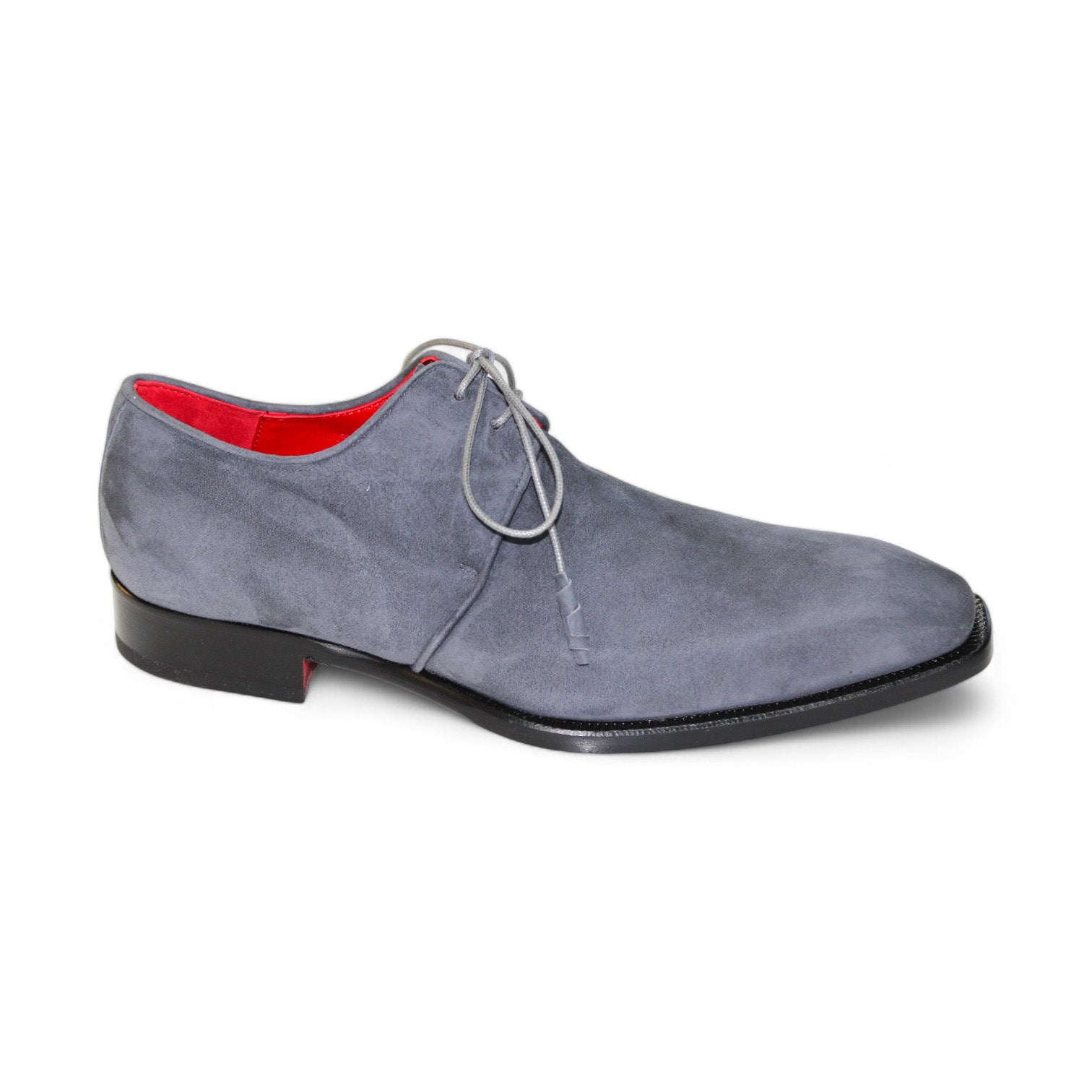 The Emilio Franco "Gabriele" Grey Shoes, crafted in Italy, is a suede dress shoe with grey laces, a sleek black sole, and a vibrant red interior lining.