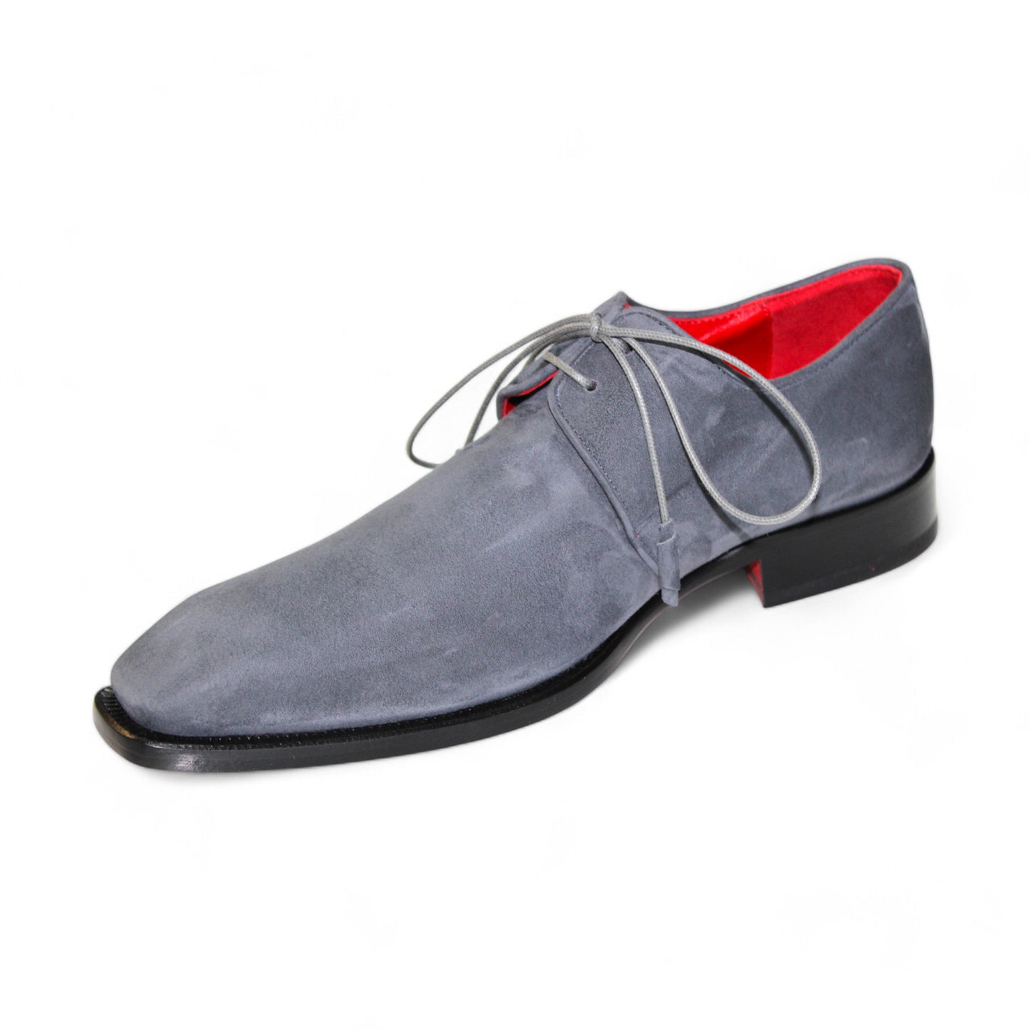 The Emilio Franco "Gabriele" Grey Shoes, crafted in Italy, is a suede dress shoe with grey laces, a sleek black sole, and a vibrant red interior lining.