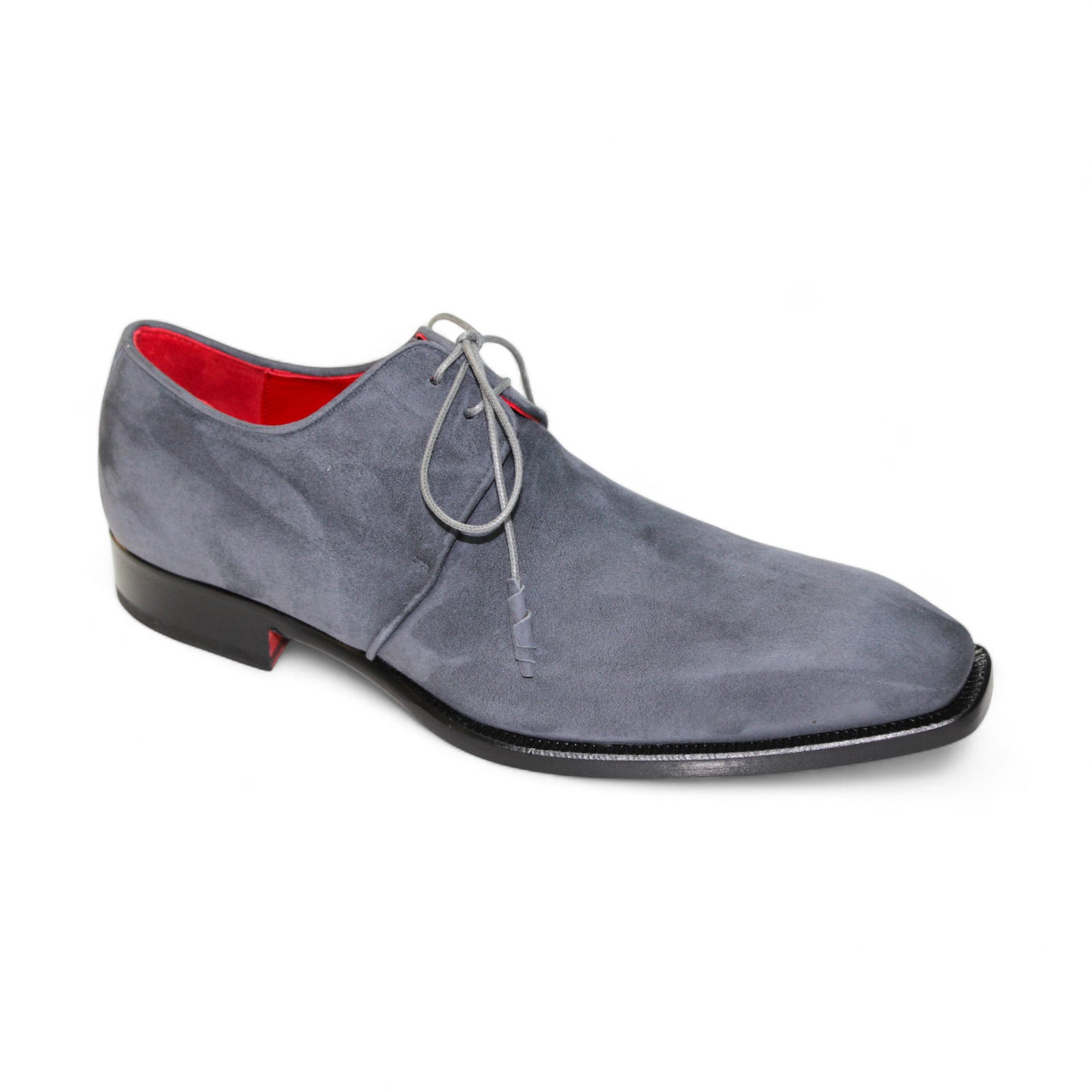 The Emilio Franco "Gabriele" Grey Shoes, crafted in Italy, is a suede dress shoe with grey laces, a sleek black sole, and a vibrant red interior lining.