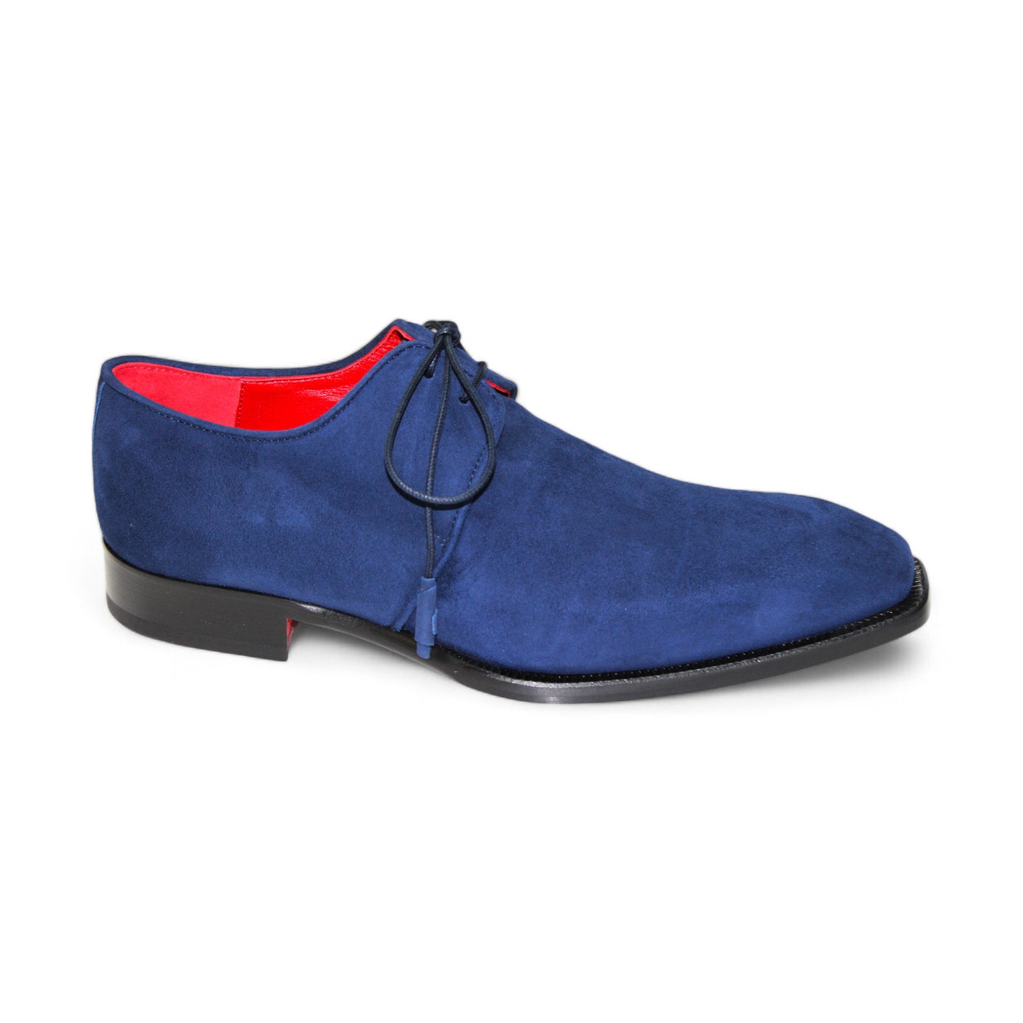 The Emilio Franco "Gabriele" Navy Shoes, expertly crafted in Italy, boast a sleek black sole and a vibrant red interior.