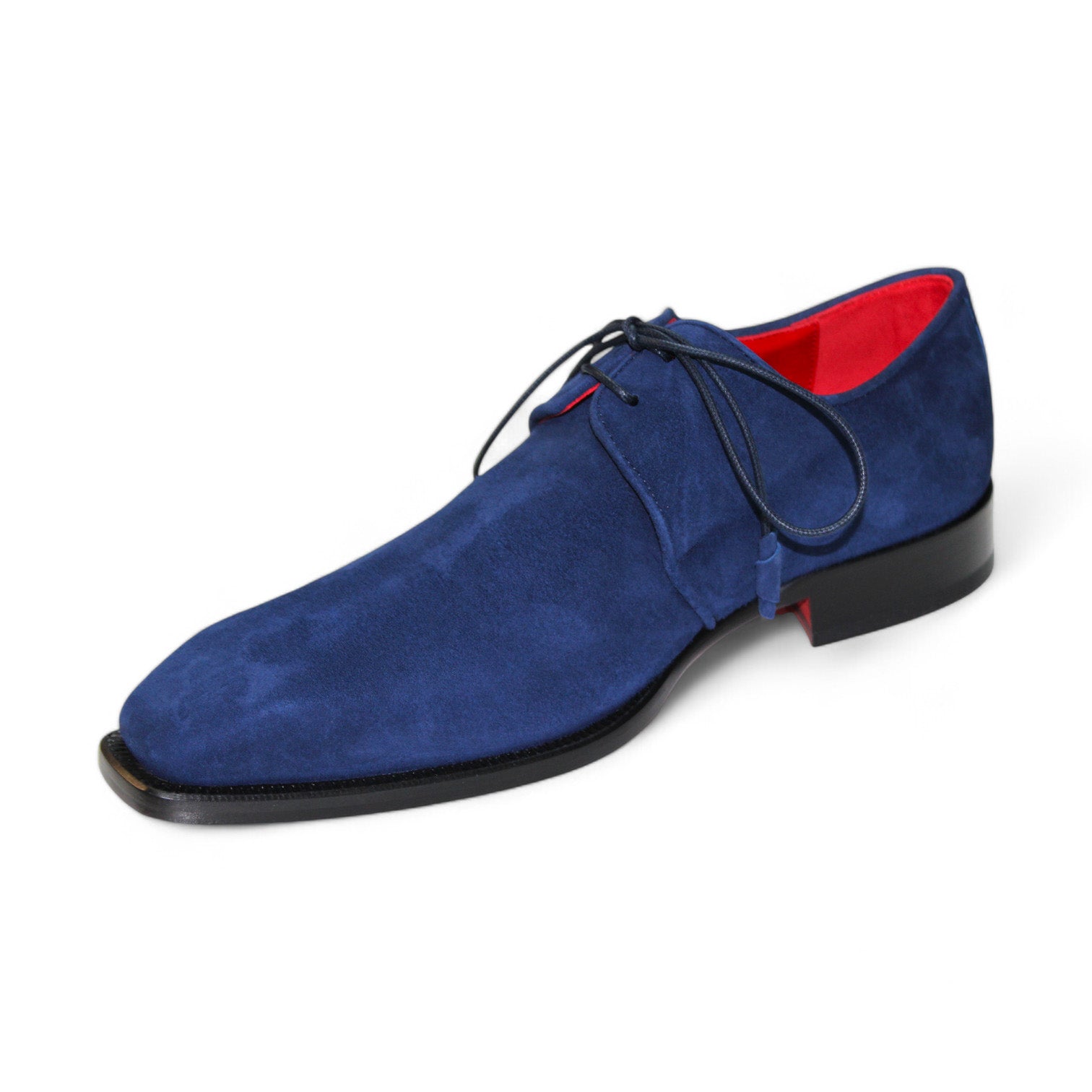 The Emilio Franco "Gabriele" Navy Shoes, expertly crafted in Italy, boast a sleek black sole and a vibrant red interior.