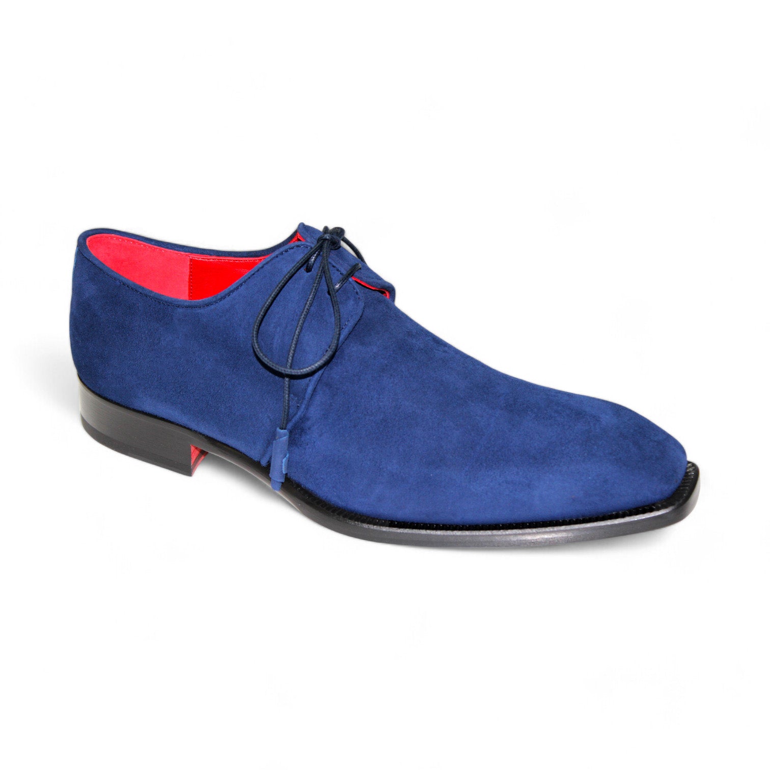 The Emilio Franco "Gabriele" Navy Shoes, expertly crafted in Italy, boast a sleek black sole and a vibrant red interior.