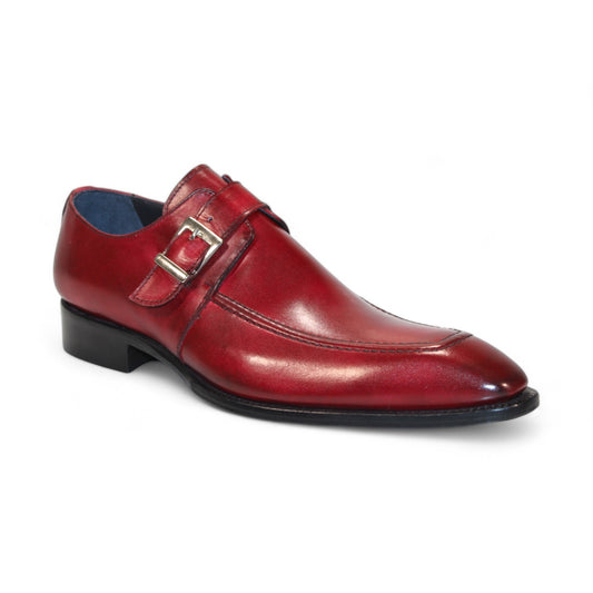 The Duca Di Matiste Garda in Antique Red is an Italian-crafted dress shoe featuring a silver buckle and a low black heel.