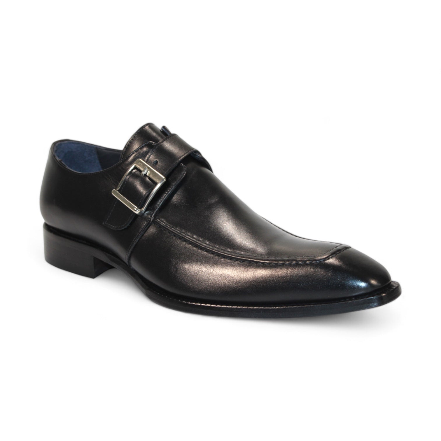 The Duca Di Matiste Garda (Black), a sleek dress shoe crafted in Italy, showcases a buckle strap and low heel with elegant side detailing.