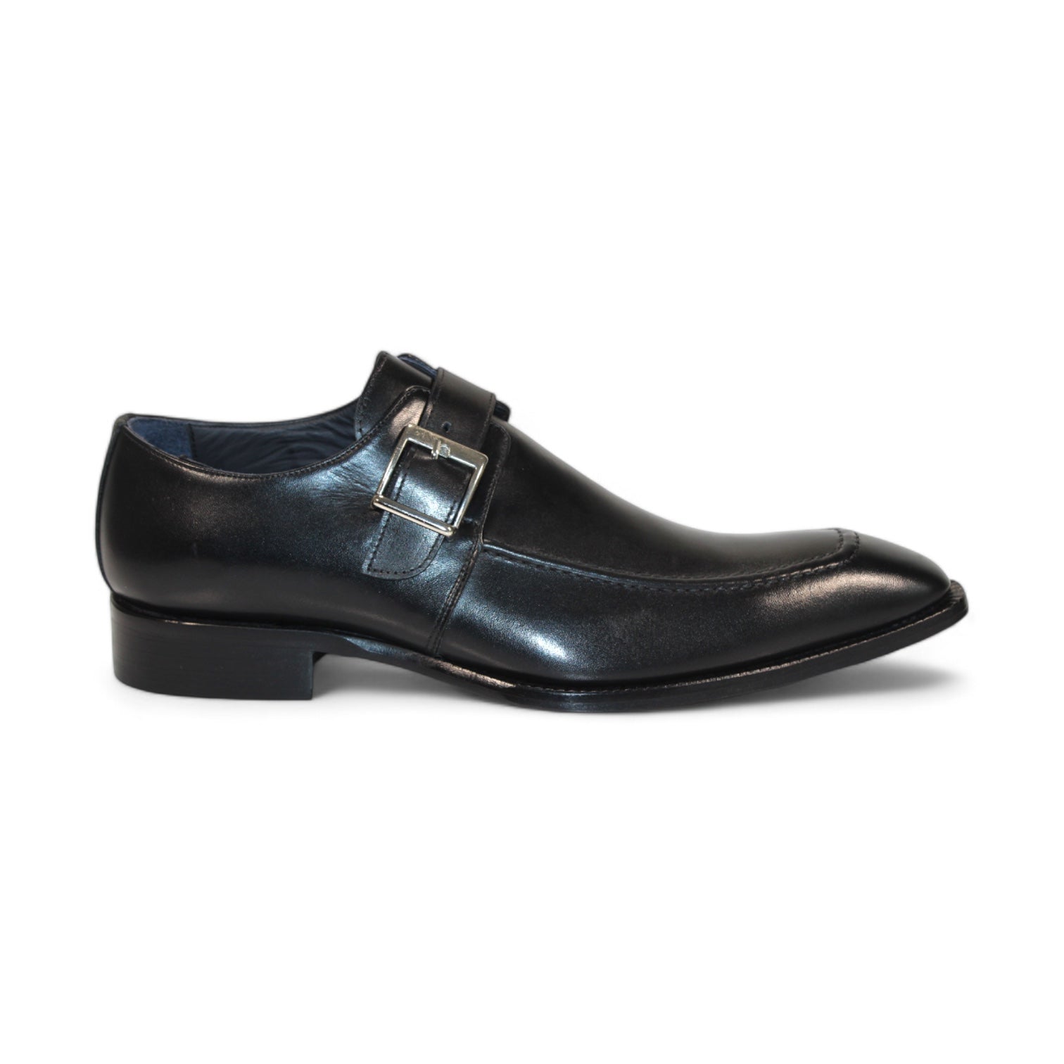 The Duca Di Matiste Garda (Black), a sleek dress shoe crafted in Italy, showcases a buckle strap and low heel with elegant side detailing.