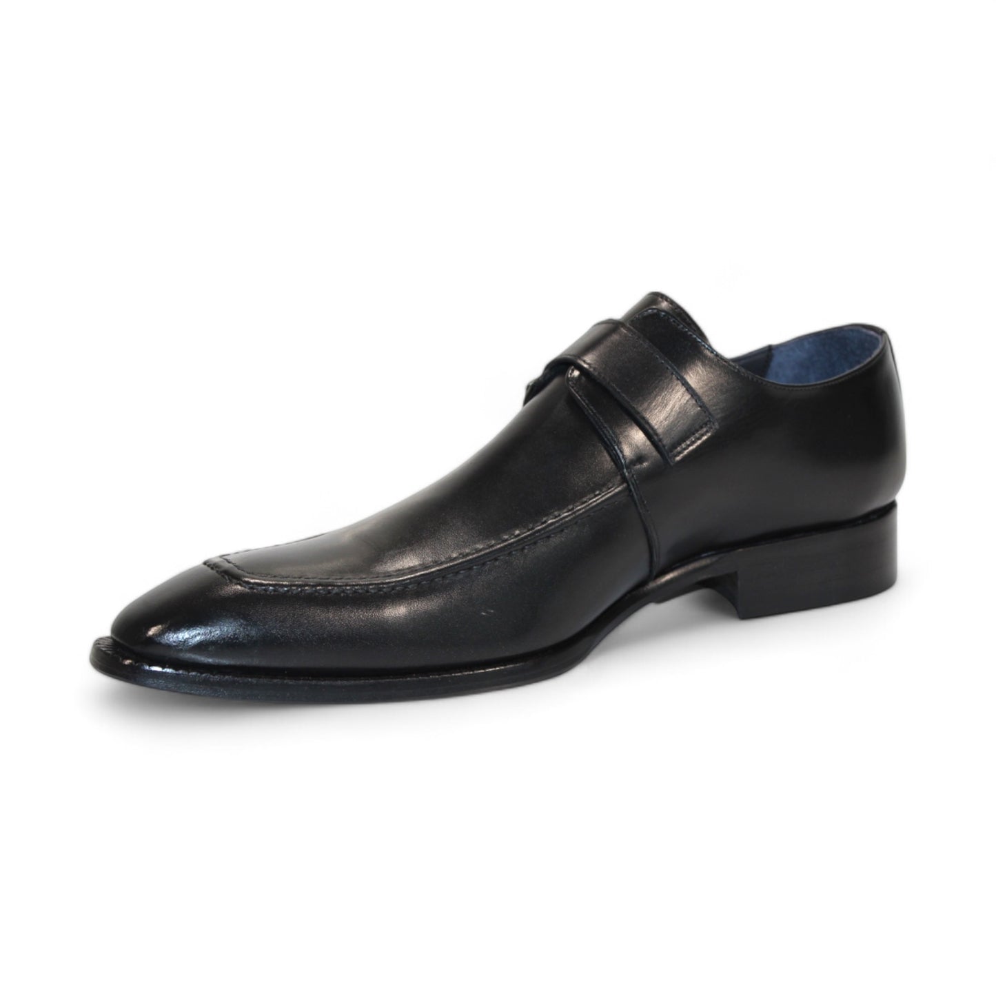 The Duca Di Matiste Garda (Black), a sleek dress shoe crafted in Italy, showcases a buckle strap and low heel with elegant side detailing.