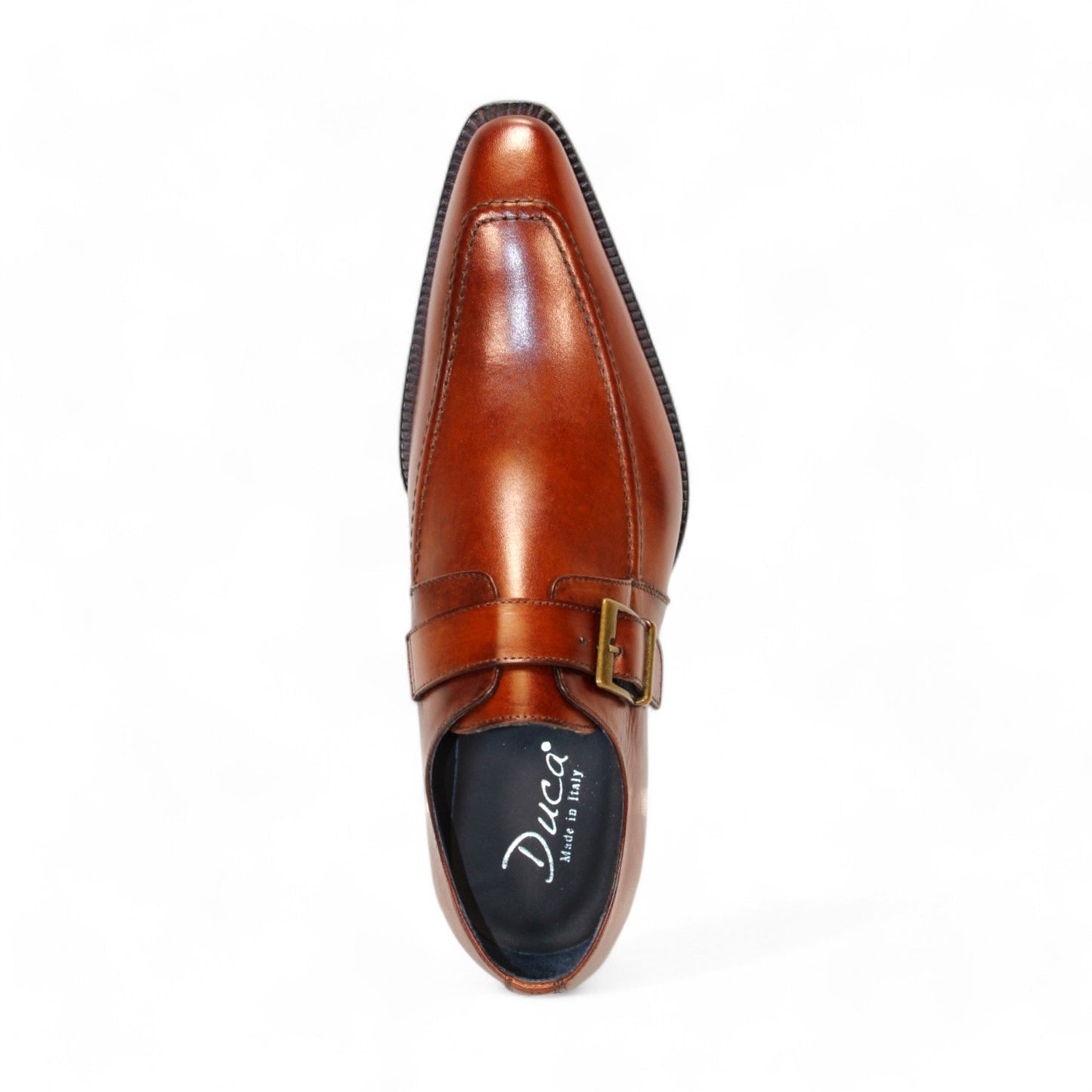 Introducing the Duca Di Matiste Garda (Brown), a sophisticated monk strap shoe made from genuine Italian leather. It boasts a polished finish and a dark sole, all crafted by the esteemed brand Duca Di Matiste. This exquisite shoe is beautifully presented against a pristine white background, highlighting its elegance and craftsmanship.