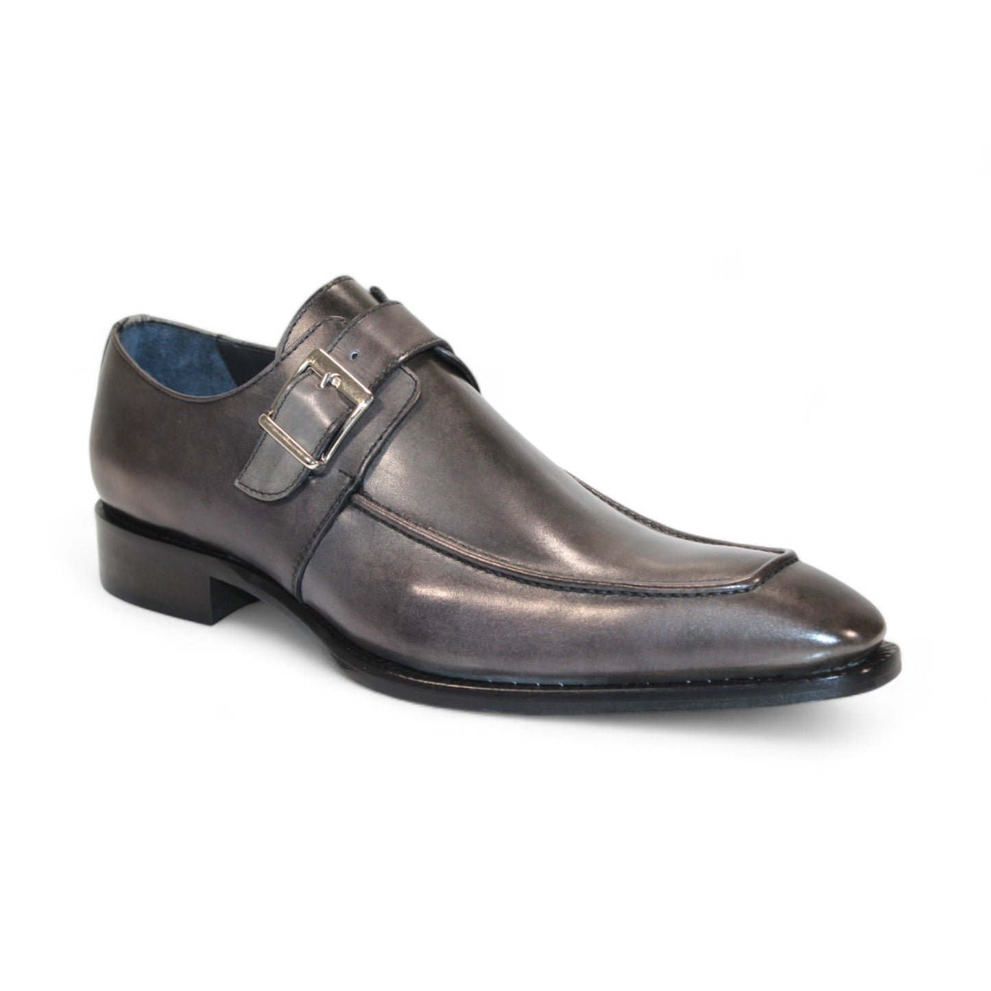 A sophisticated grey Italian leather dress shoe by Duca Di Matiste, featuring a buckle strap and a low heel, viewed from the side on a white background.