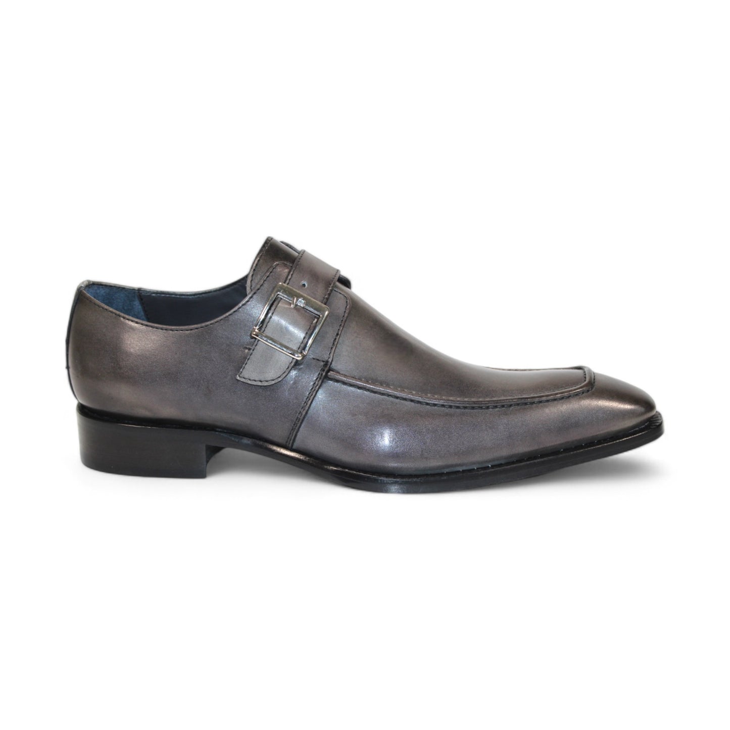 A sophisticated grey Italian leather dress shoe by Duca Di Matiste, featuring a buckle strap and a low heel, viewed from the side on a white background.