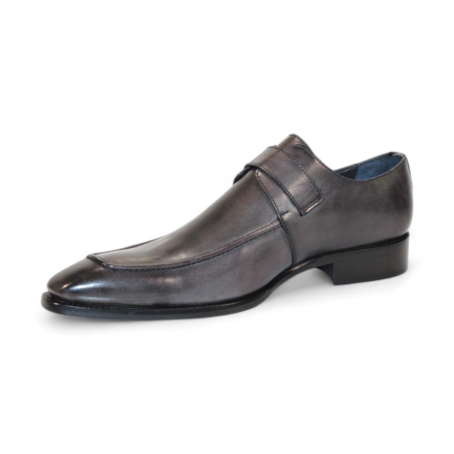 A sophisticated grey Italian leather dress shoe by Duca Di Matiste, featuring a buckle strap and a low heel, viewed from the side on a white background.