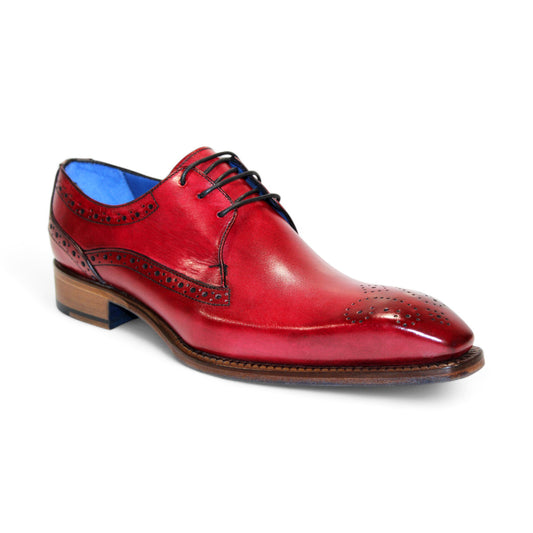 The Emilio Franco "Giacamo" Antique Red Shoes feature exquisite brogue details and a striking blue interior lining, exemplifying Italy's renowned craftsmanship.