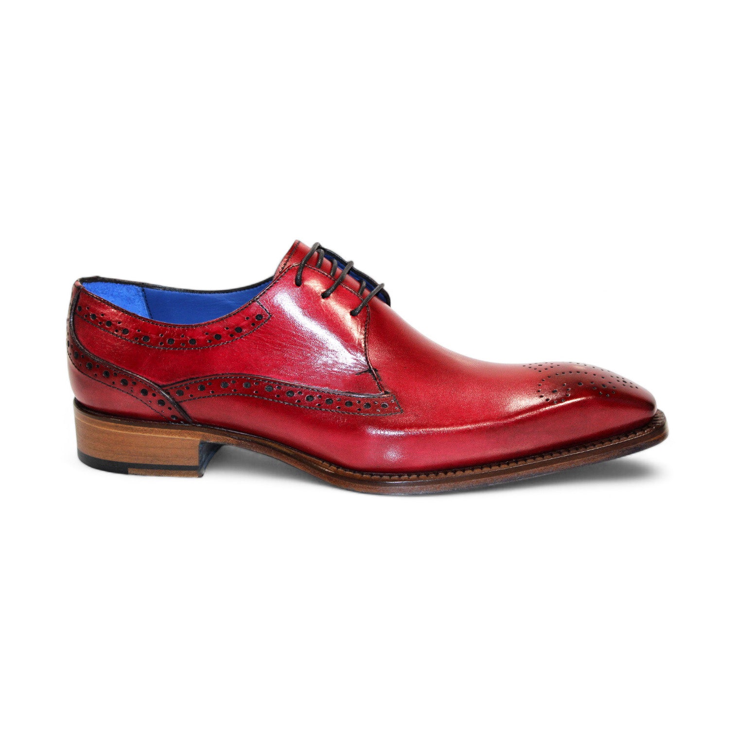 The Emilio Franco "Giacamo" Antique Red Shoes feature exquisite brogue details and a striking blue interior lining, exemplifying Italy's renowned craftsmanship.