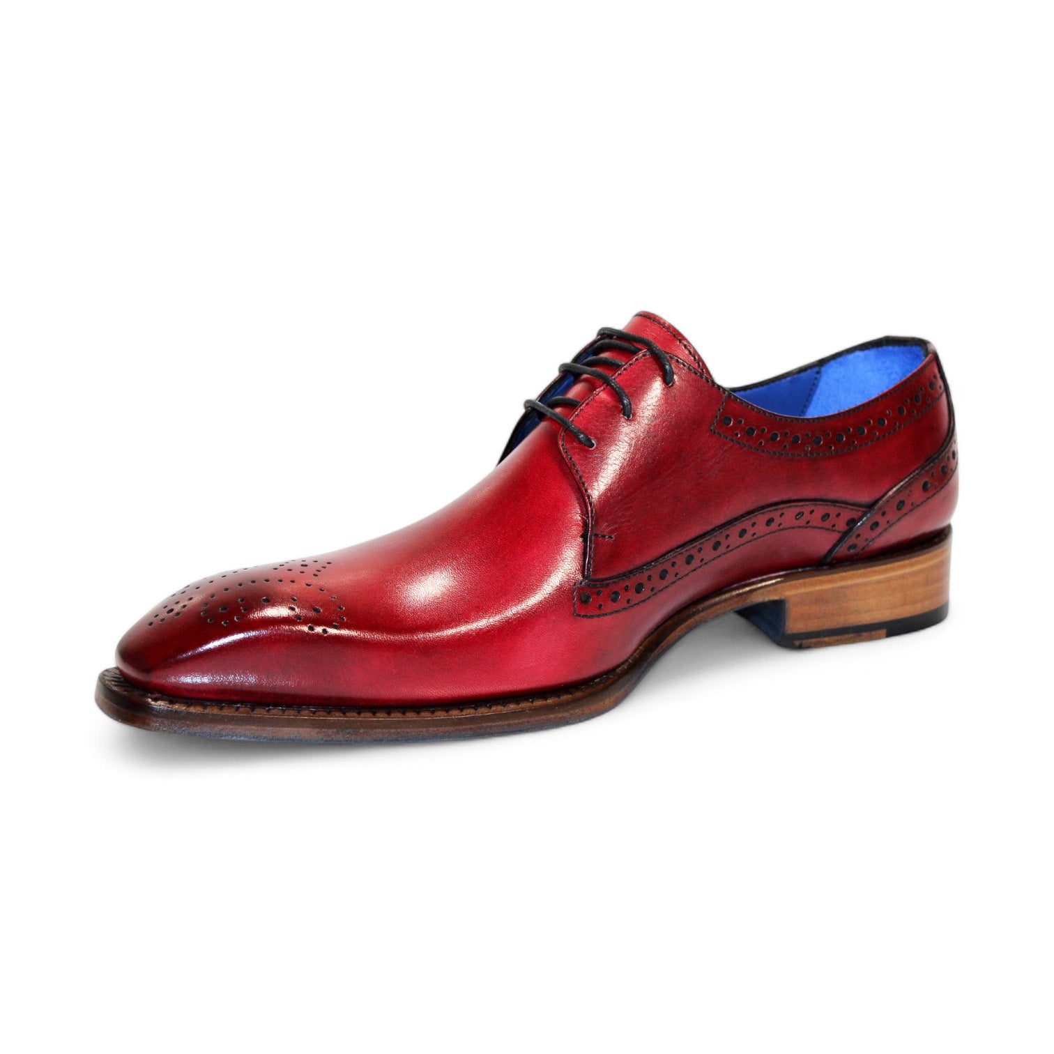 The Emilio Franco "Giacamo" Antique Red Shoes feature exquisite brogue details and a striking blue interior lining, exemplifying Italy's renowned craftsmanship.