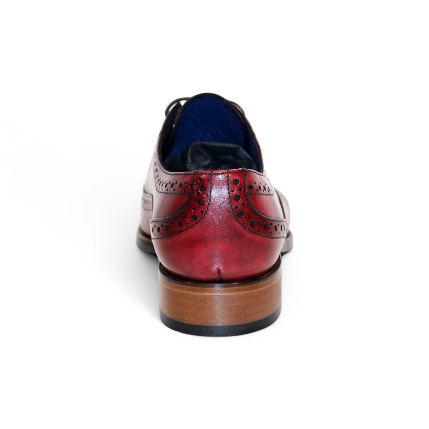 The Emilio Franco "Giacamo" Antique Red Shoes feature exquisite brogue details and a striking blue interior lining, exemplifying Italy's renowned craftsmanship.