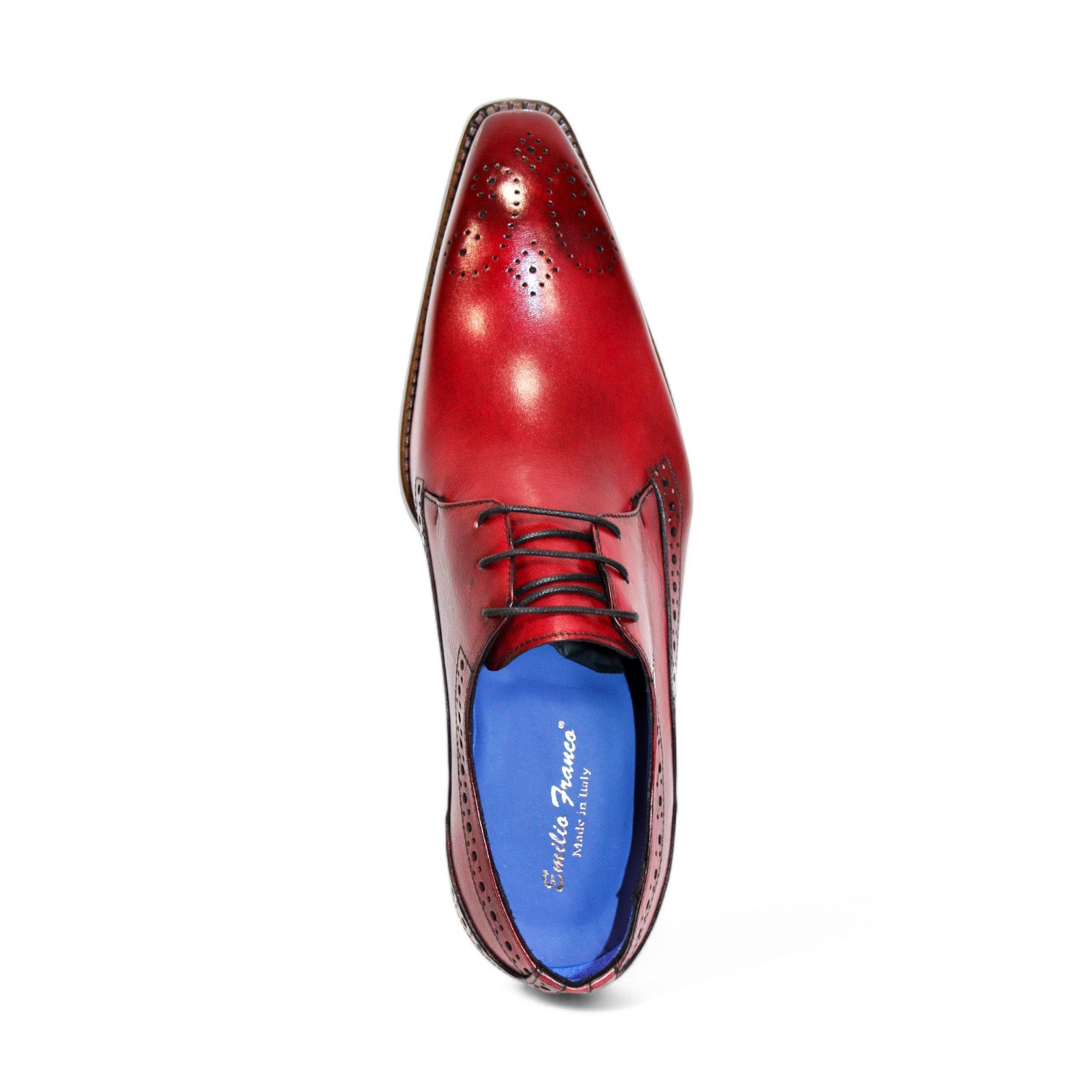 The Emilio Franco "Giacamo" Antique Red Shoes feature exquisite brogue details and a striking blue interior lining, exemplifying Italy's renowned craftsmanship.