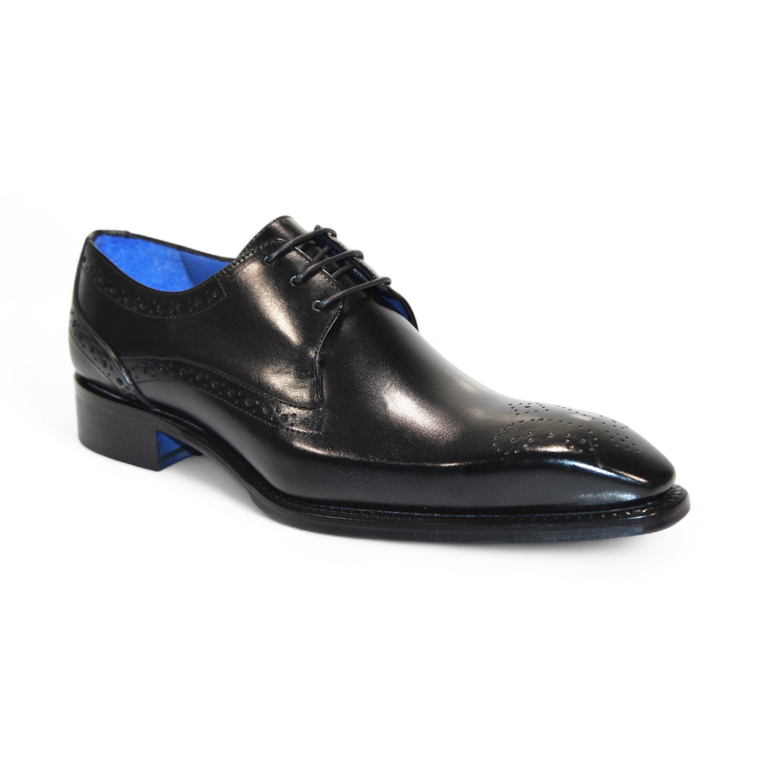 The Emilio Franco "Giacamo" Black Shoes, expertly crafted in Italy, showcase a blue inner lining and decorative stitching. They are elegantly angled to display both a side and front perspective.